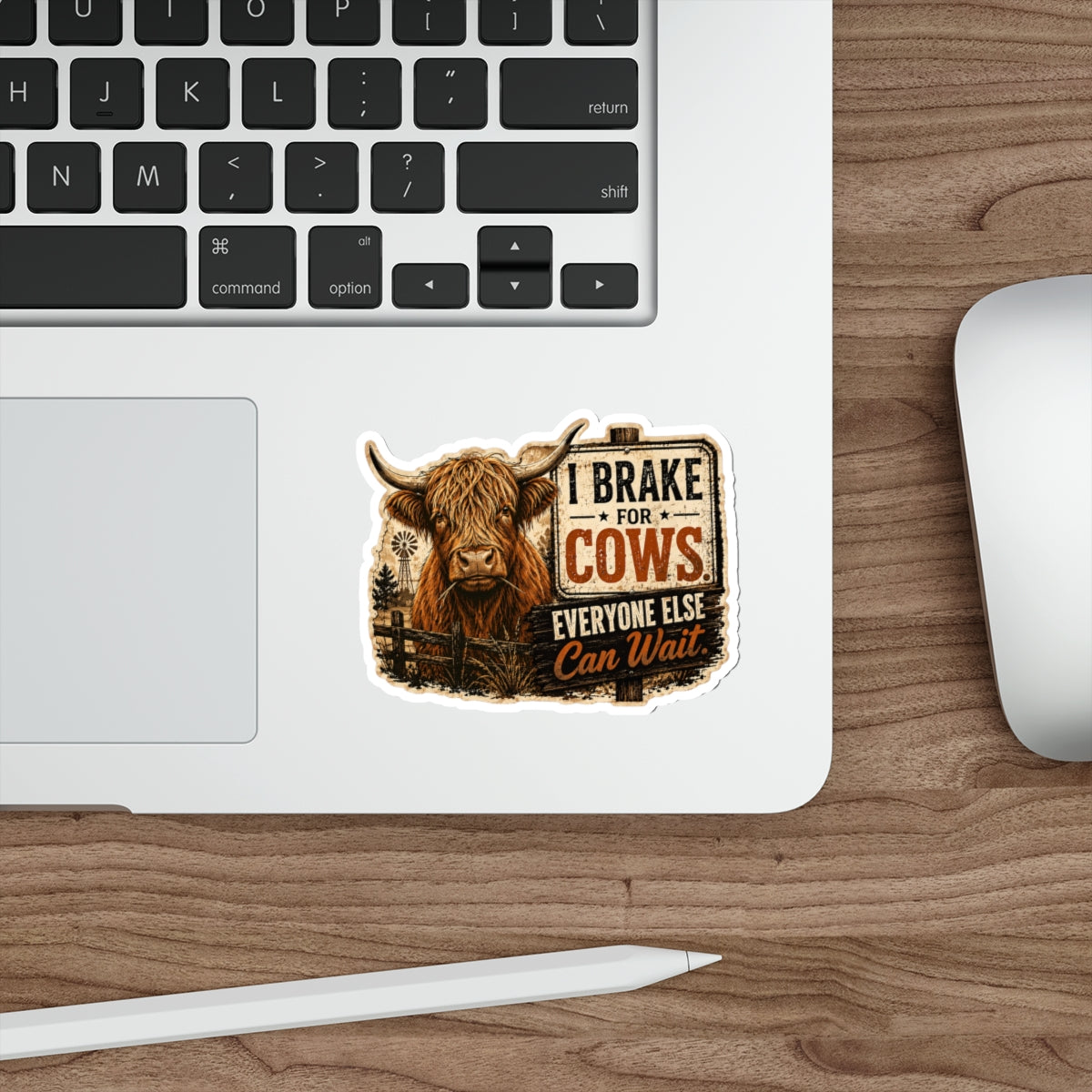 I Brake for Cows Die-Cut Sticker — Vintage Highland Cow Rustic Vinyl Decal