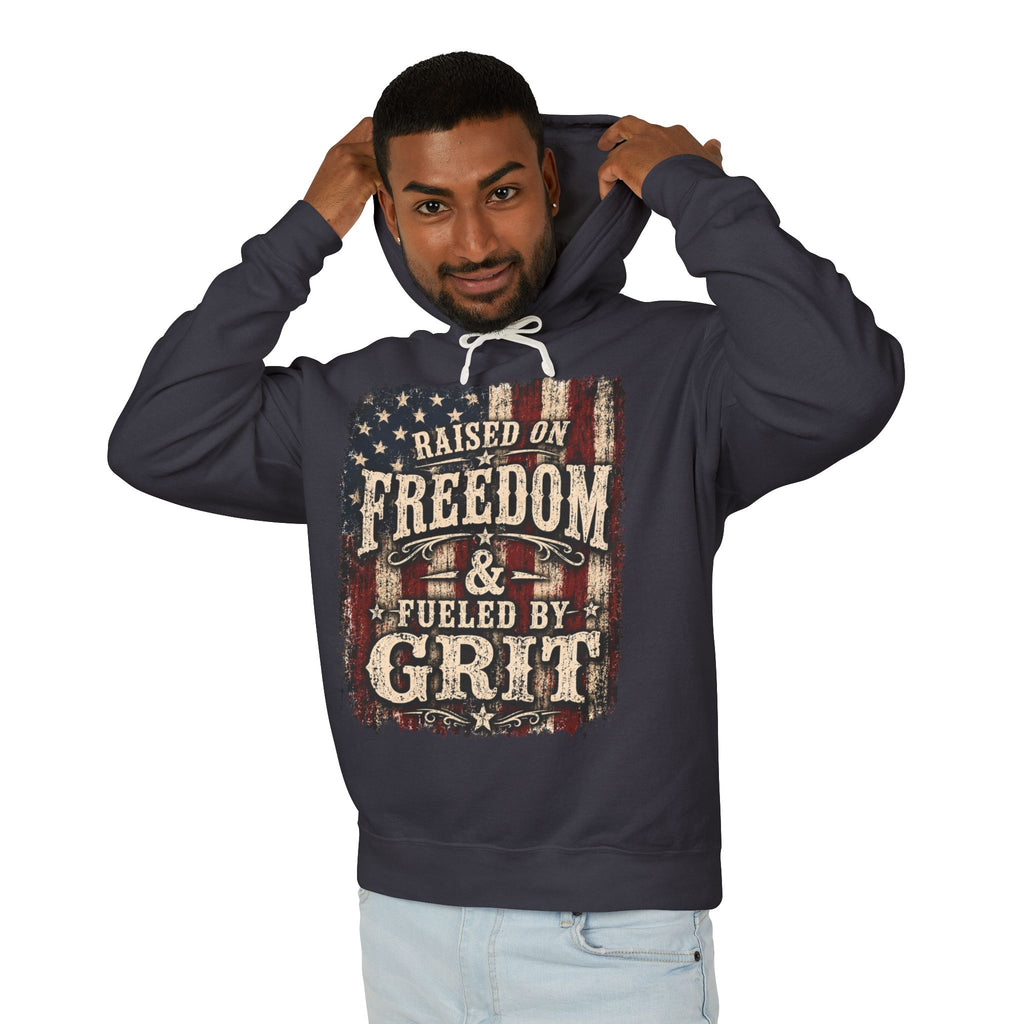 Raised On Freedom & Fueled By Grit Hoodie — Patriotic American Flag Pullover