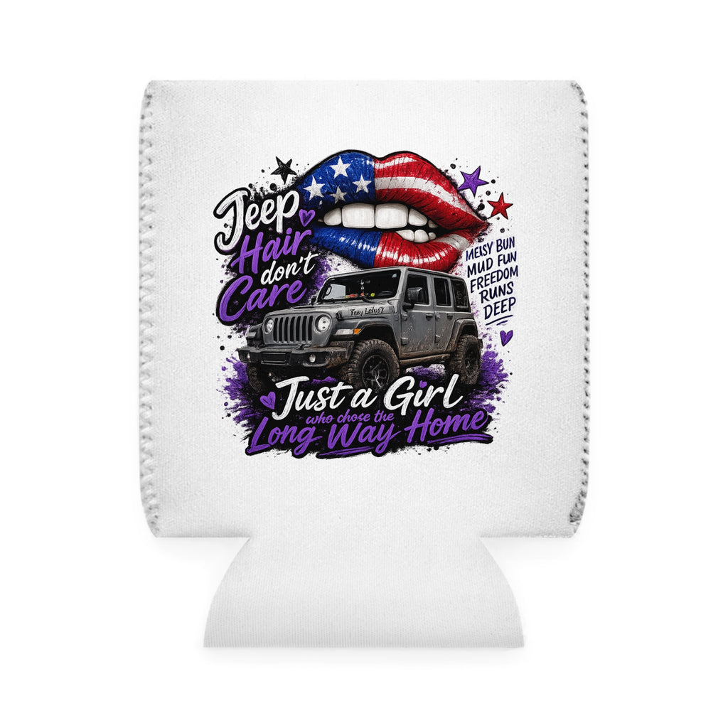 “Jeep Hair Don’t Care” Patriotic Off‑Road Girl Koozie Can Cooler Sleeve