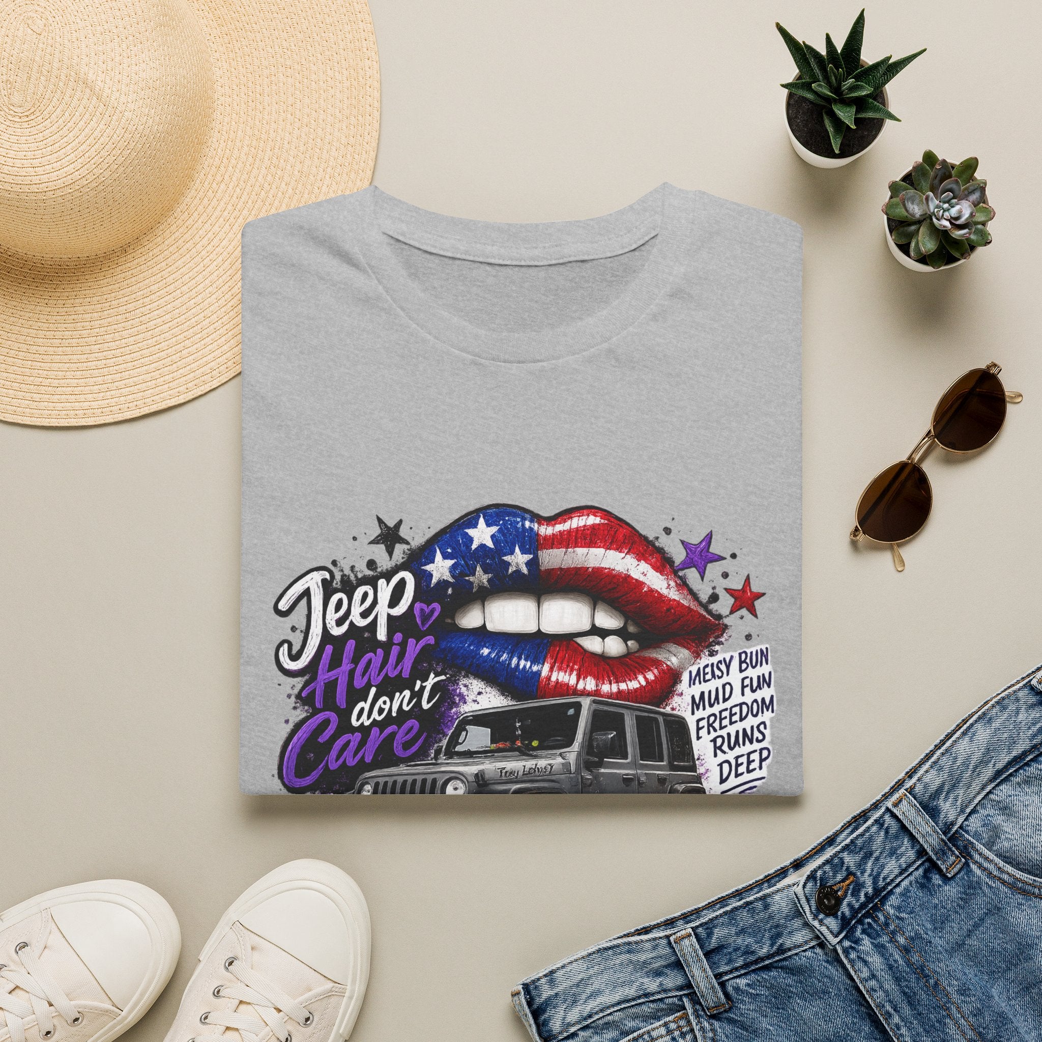 Jeep Hair Don't Care T-Shirt — American Flag Lips Off-Road Truck Tee