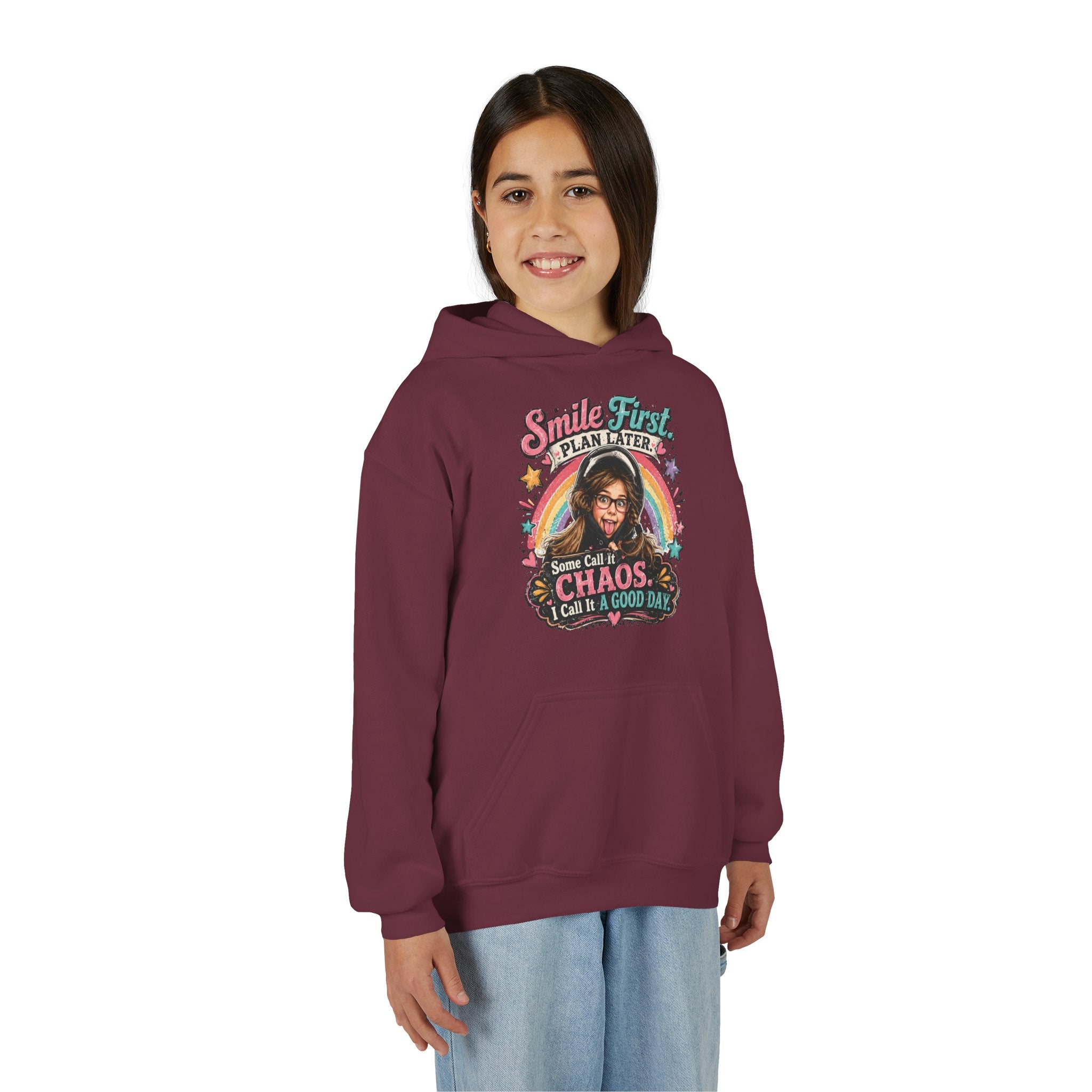 “Smile First, Plan Later” Retro Rainbow Chaos Graphic — Youth Hoodie