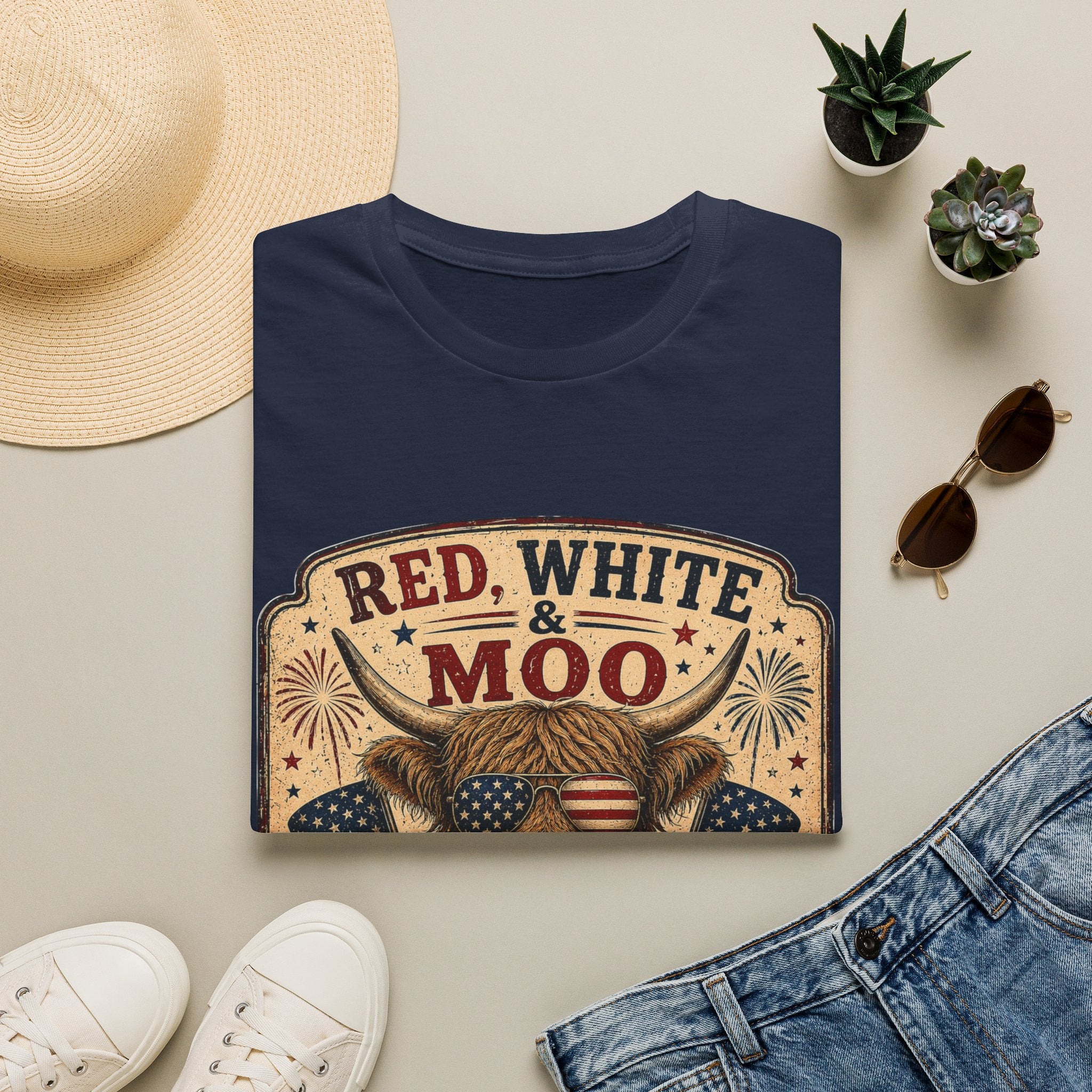 Red, White, & Moo Highland Cow Unisex Softstyle T-Shirt