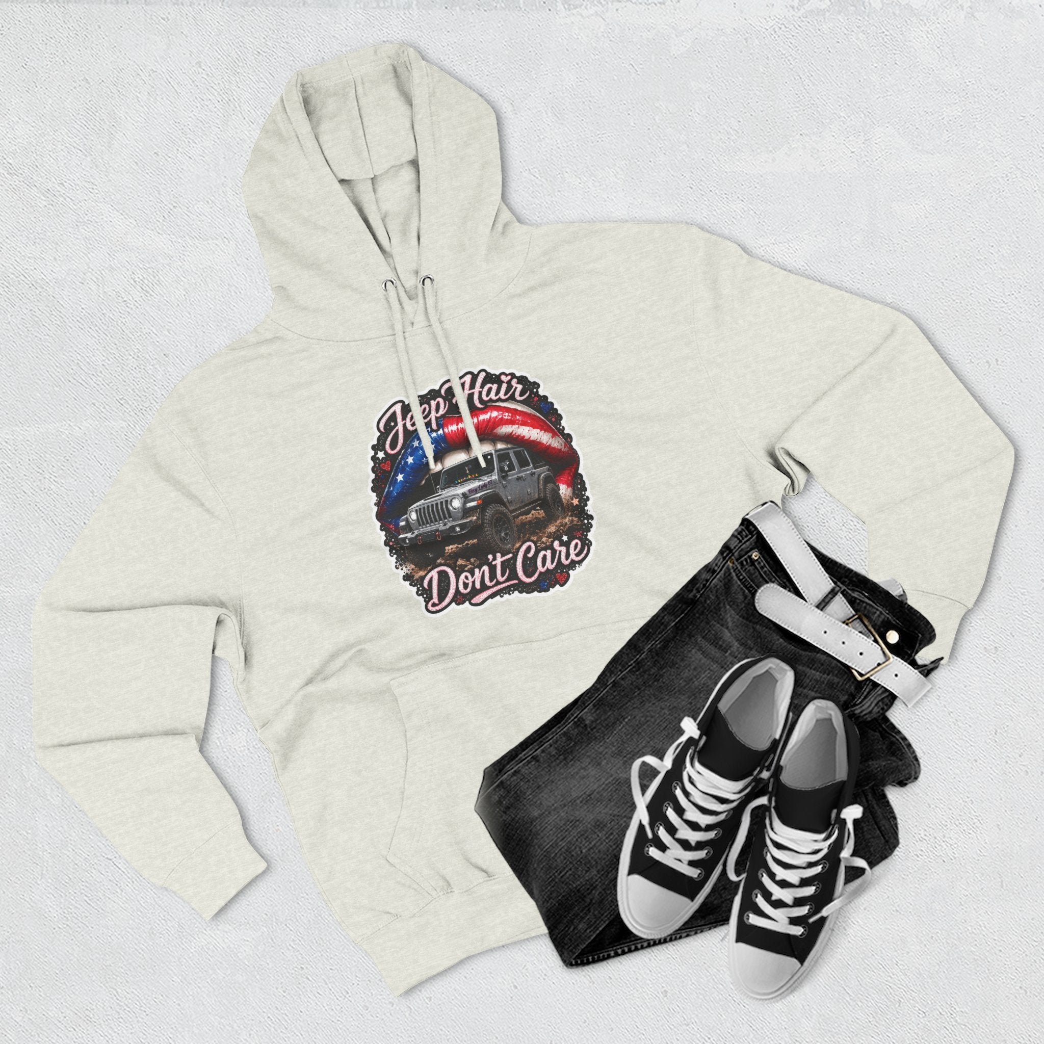 "Jeep Hair Don't Care" Graphic Fleece Pullover - Patriotic Jeep Hoodie