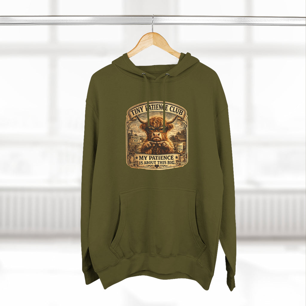 Tiny Patience Club Highland Cow Three-Panel Fleece Hoodie