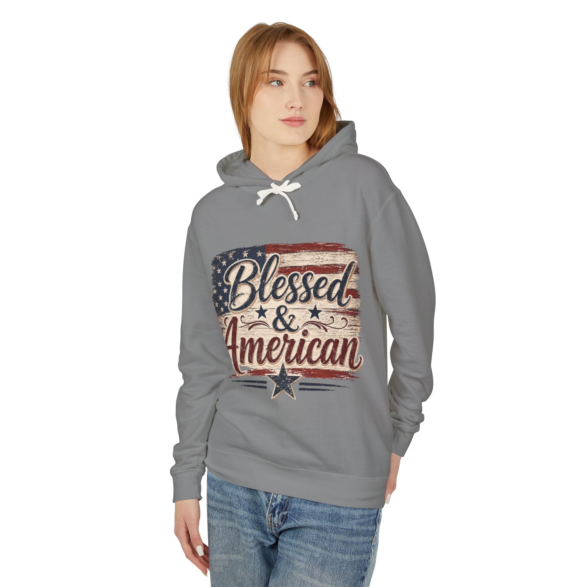 Blessed & American Hoodie — Patriotic Flag Graphic Lightweight Sweatshirt
