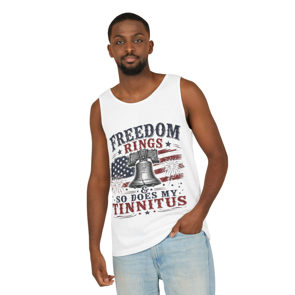 Freedom Rings Tank Top — "Freedom Rings So Does My Tinnitus" Patriotic American Flag Tee