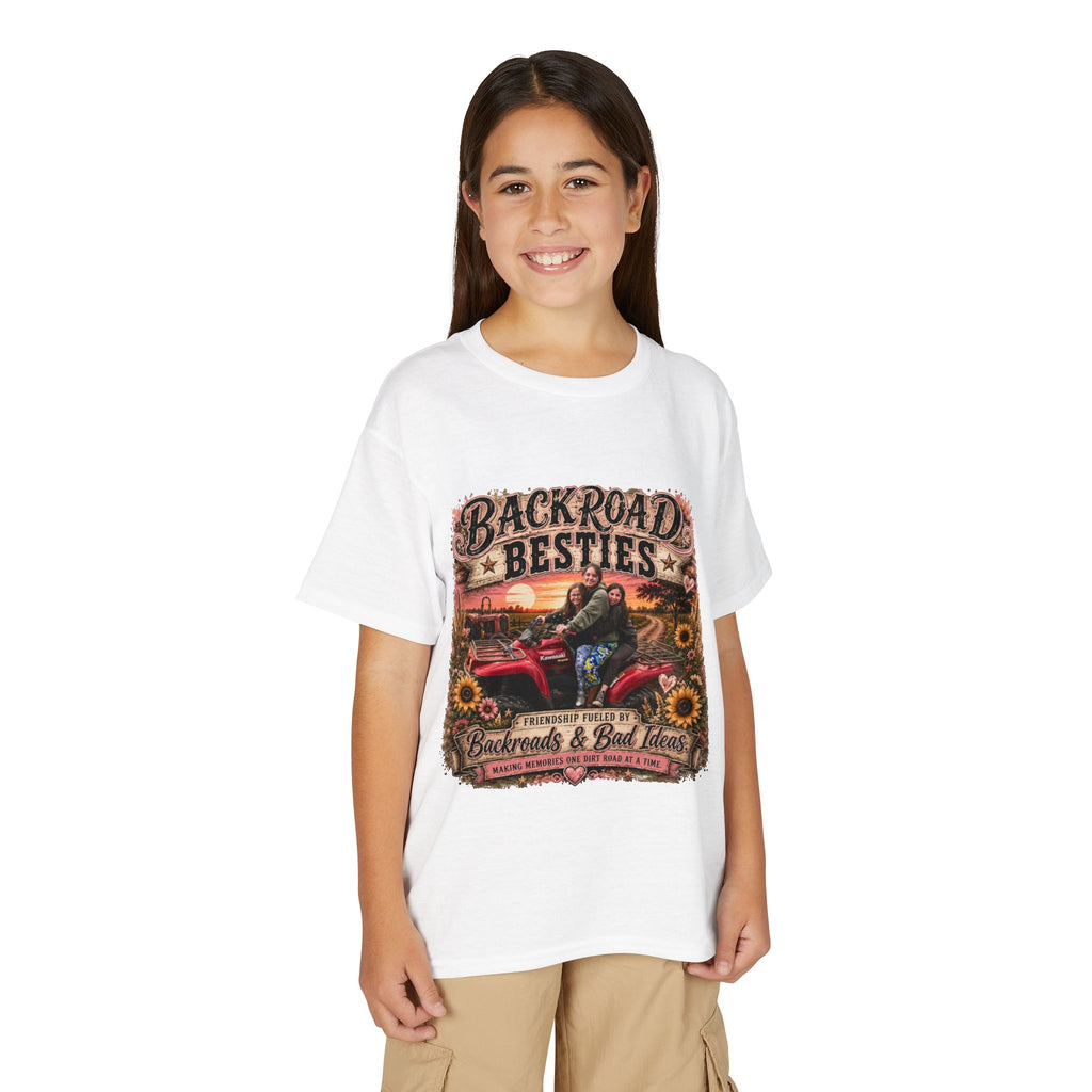Backroad Besties Youth T‑Shirt — Vintage Tractor Sunset Kids Tee