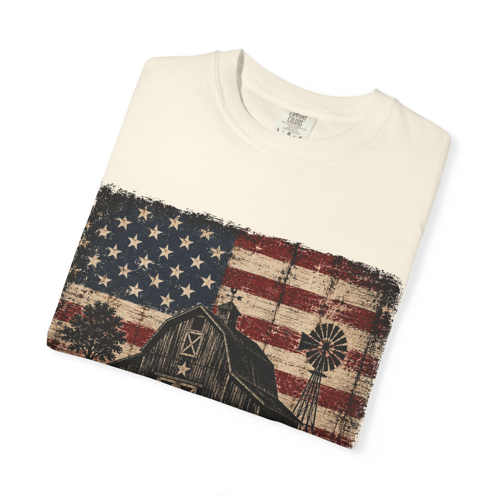 Small Town Big Freedom T-Shirt — Vintage American Flag Barn Patriotic Tee