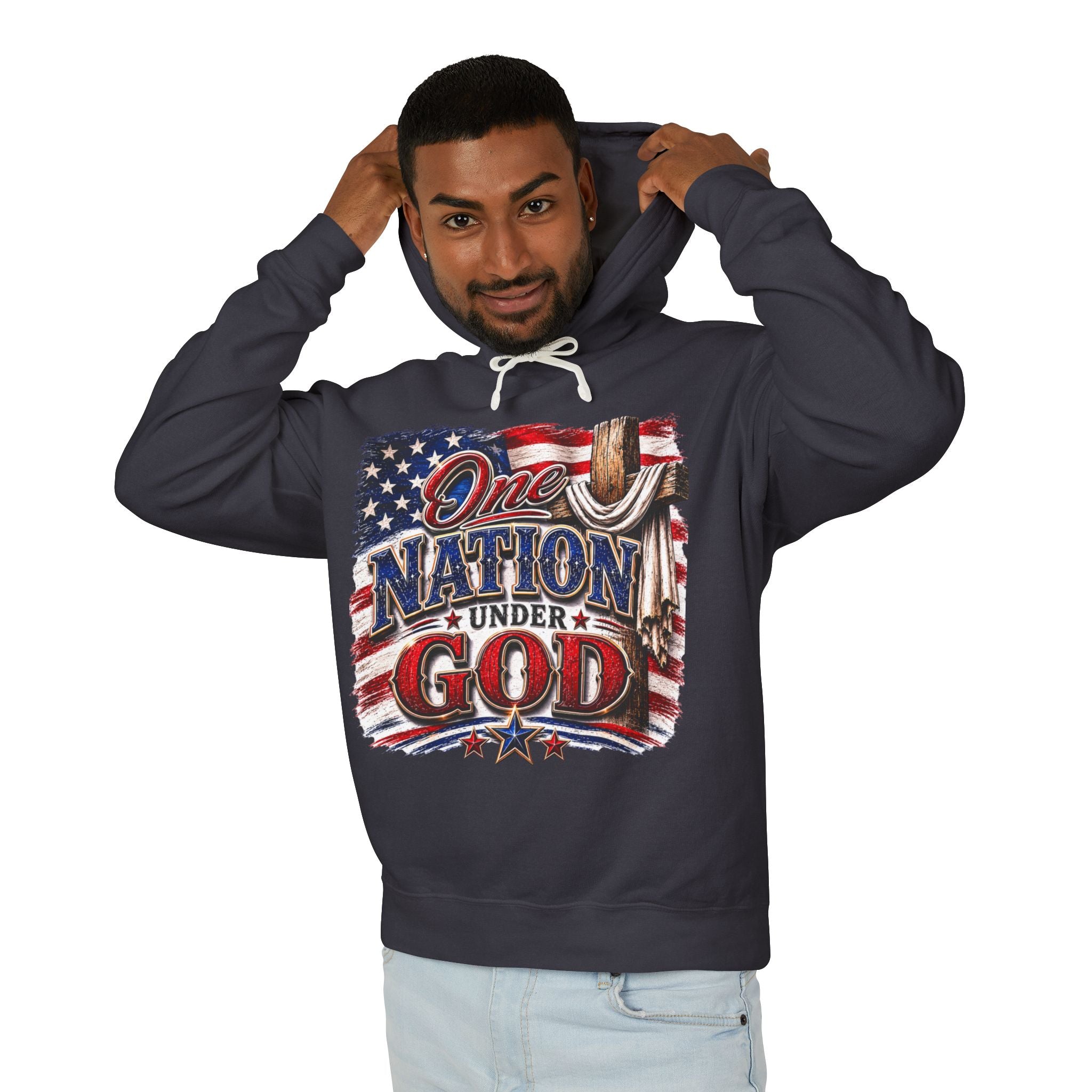 One Nation Under God Hoodie — American Flag & Cross Patriotic Sweatshirt