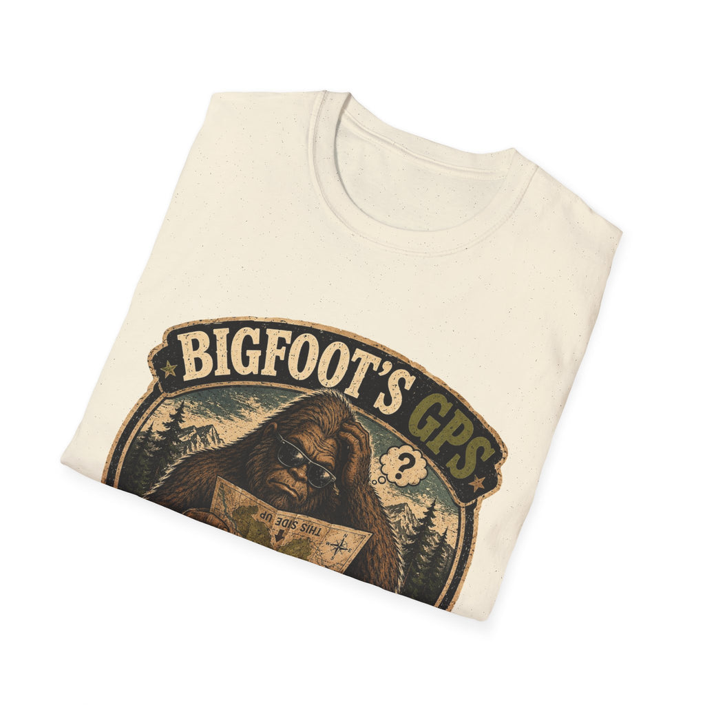 Bigfoot’s GPS T-Shirt — "Recalculating... Again" Retro Sasquatch Graphic Tee