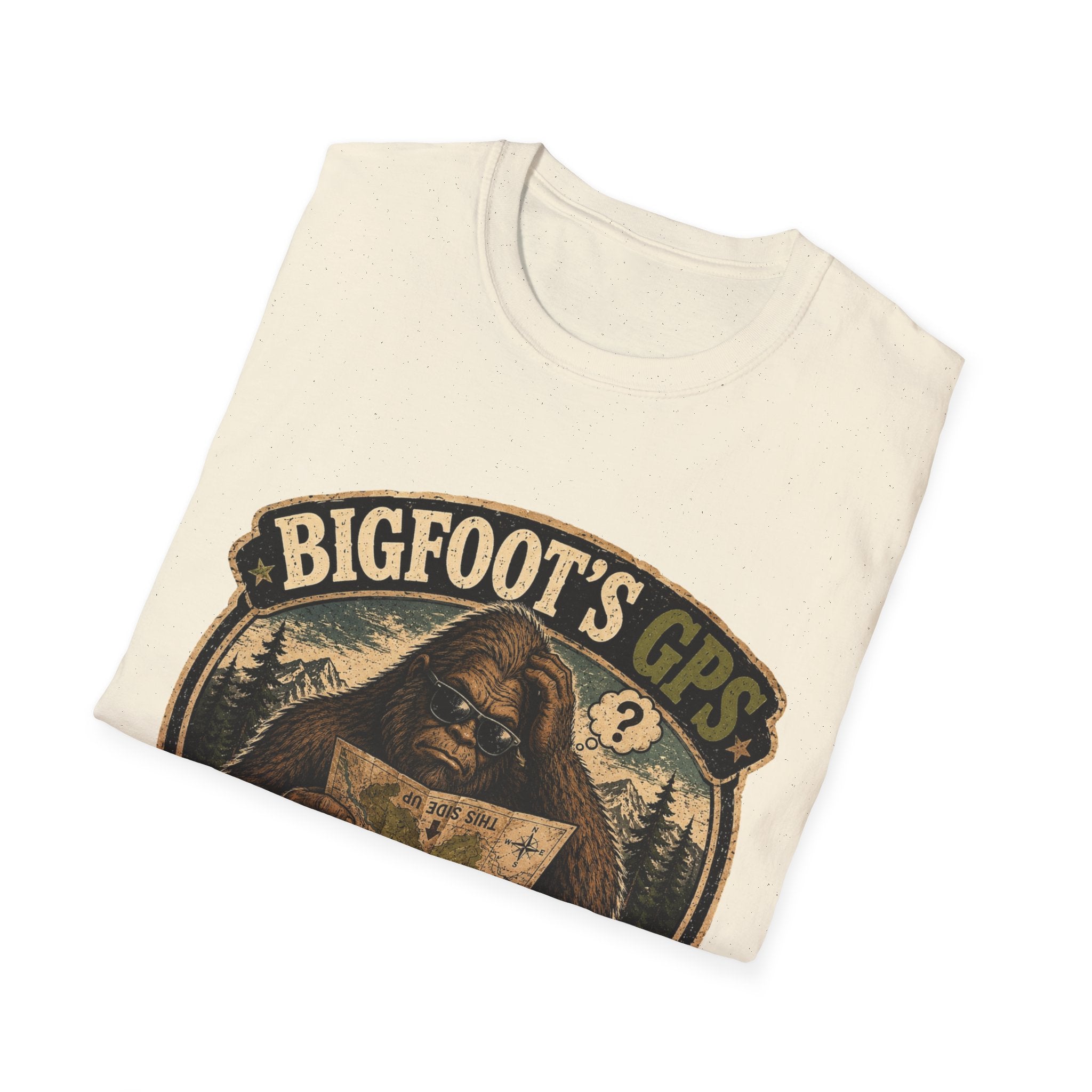 Bigfoot’s GPS T-Shirt — "Recalculating... Again" Retro Sasquatch Graphic Tee