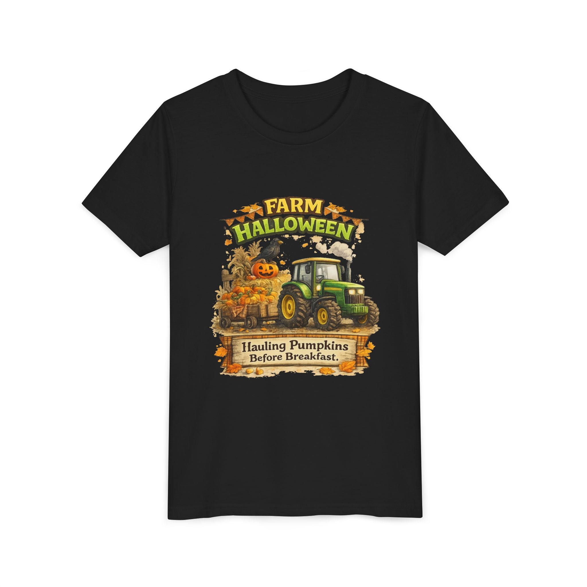 "Hauling Pumpkins Before Breakfast" Tractor Graphic — Youth Farm Halloween Tee