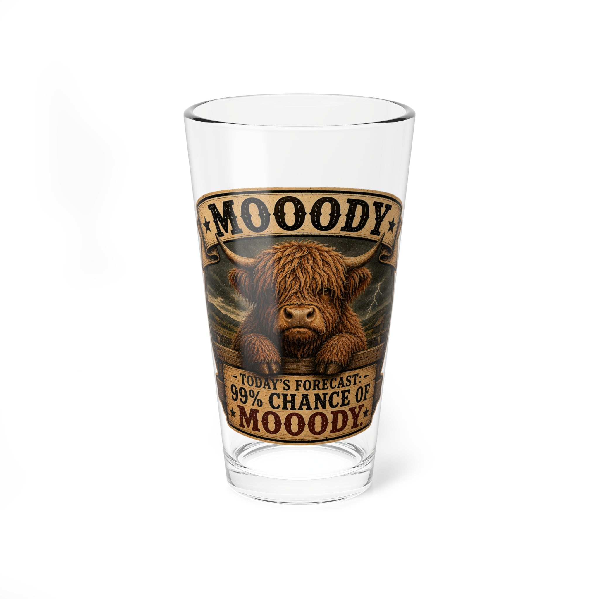 Moody Highland Cow 16oz Mixing Glass – "Today's Forecast: 99% Chance of Moody"