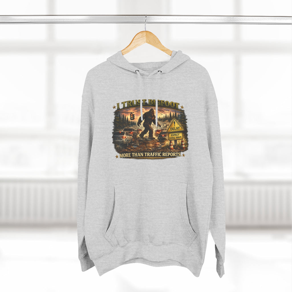 Bigfoot Forest Hoodie - "More Than Traffic Reports" Retro Sasquatch Graphic Hoodie