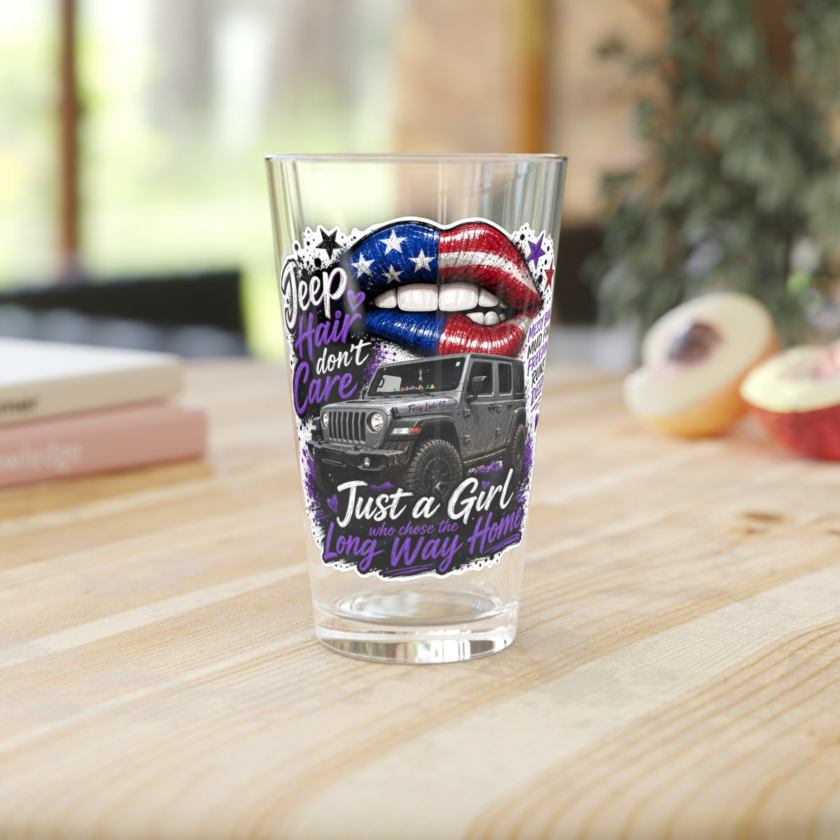 'Jeep Hair Don't Care' Patriotic Lips Design — Pint Glass