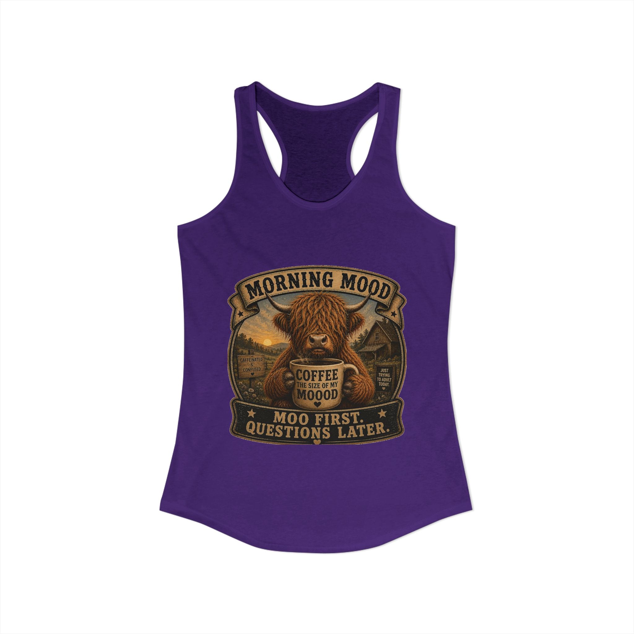 Morning Mood Highland Cow Women's Ideal Racerback Tank