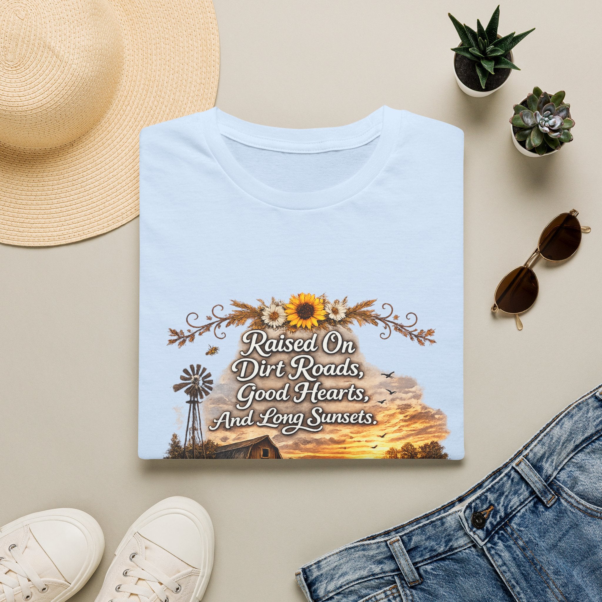 "Raised On Dirt Roads, Good Hearts, And Long Sunsets" Rustic Country Tee — T-Shirt