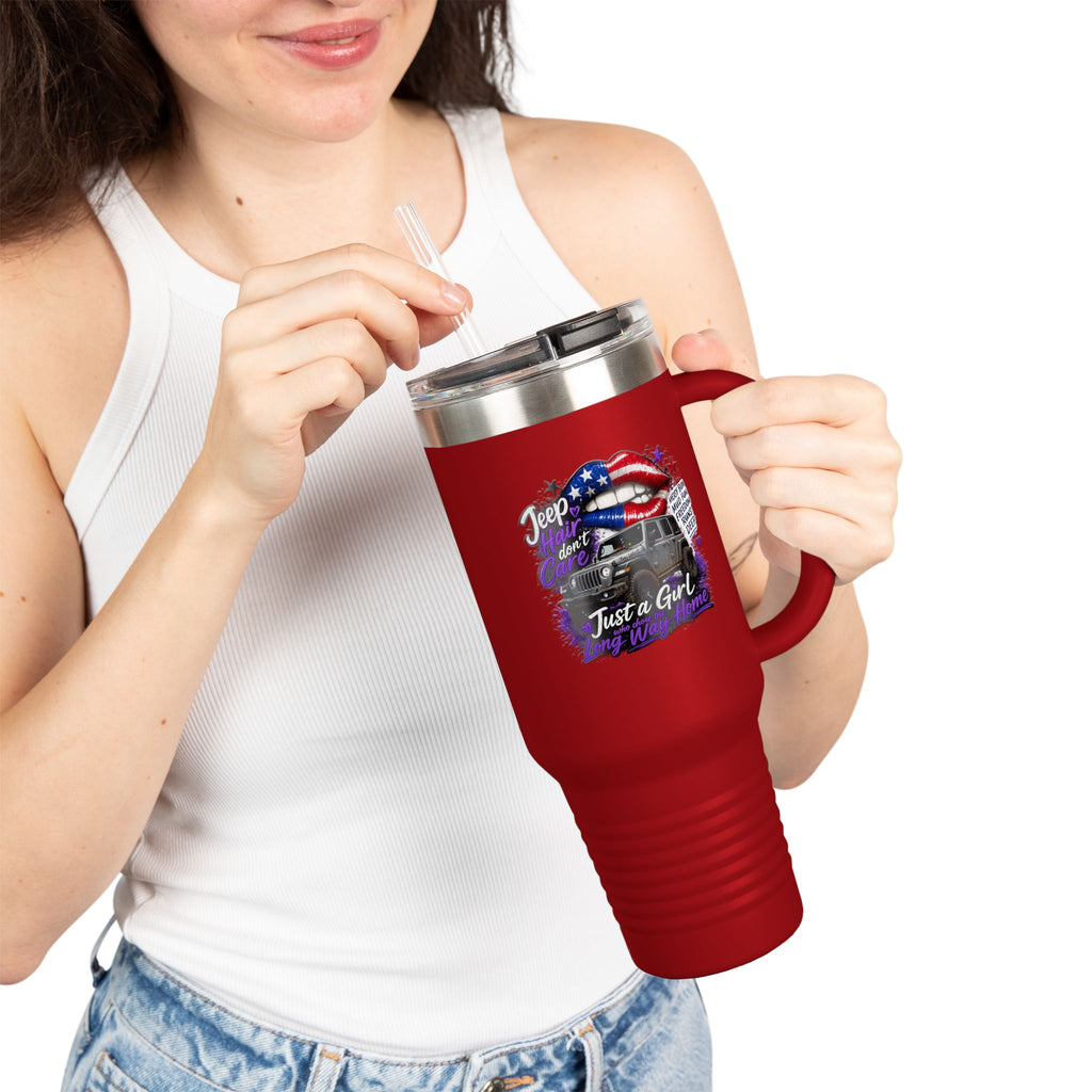 "Jeep Hair Don't Care" Patriotic Truck Design — 40oz Insulated Travel Mug