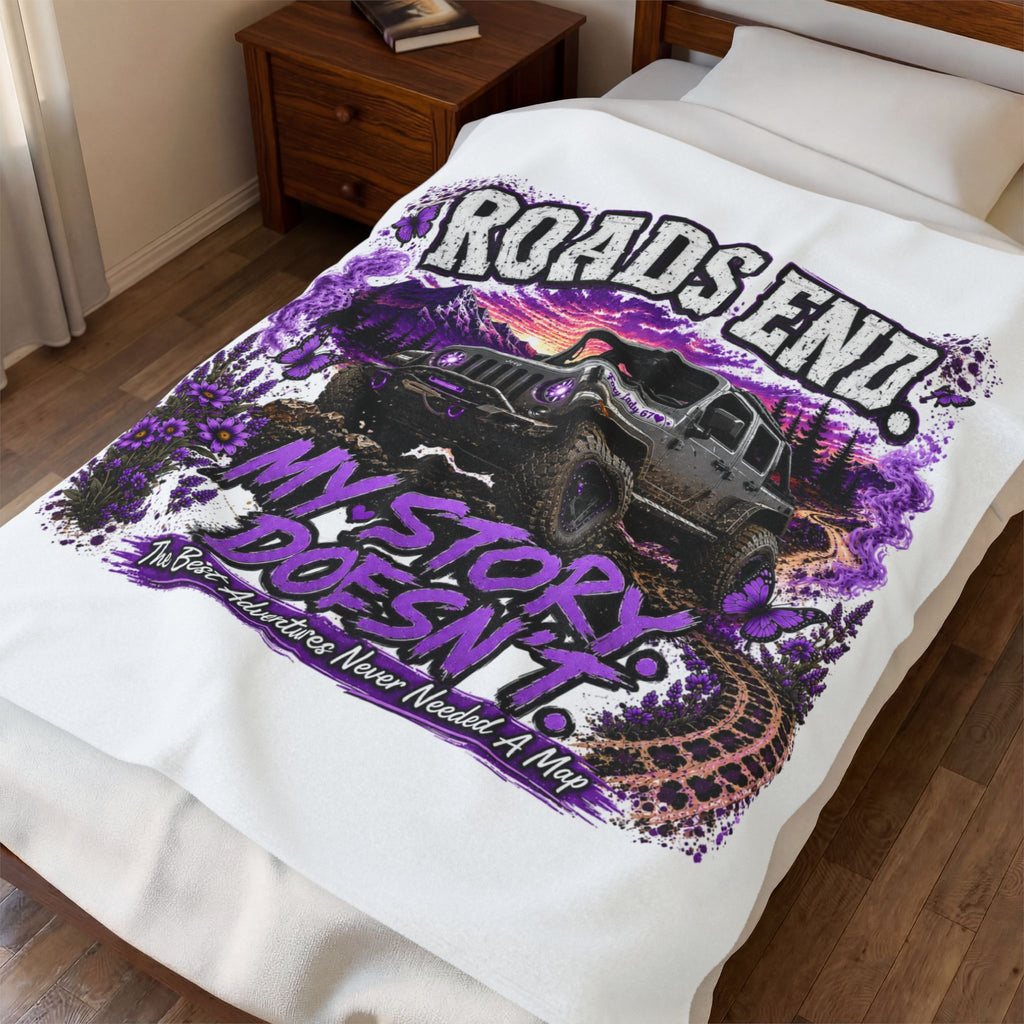 'Roads End: My Story Doesn't' Off‑Road Jeep Adventure Throw (Cozy Gift for Jeep Fans) — Velveteen Plush Blanket