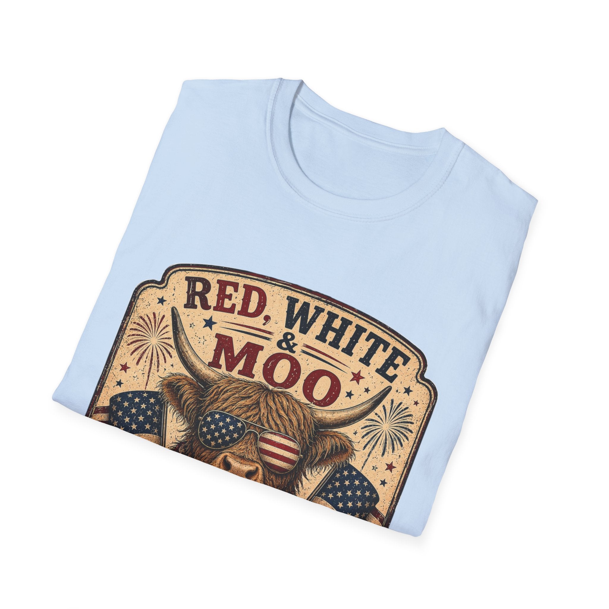 Red, White, & Moo Highland Cow Unisex Softstyle T-Shirt