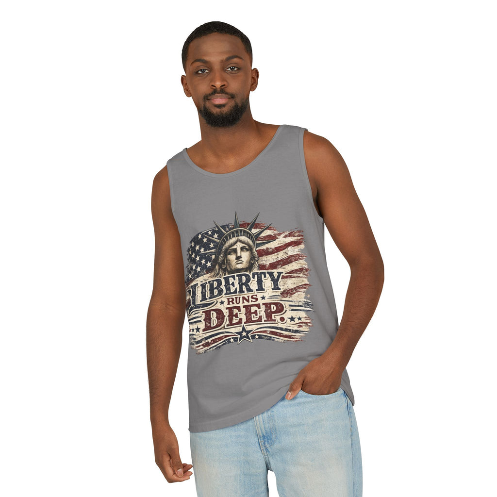 Liberty Runs Deep Tank Top — American Flag & Statue of Liberty Patriotic Shirt for 4th of July