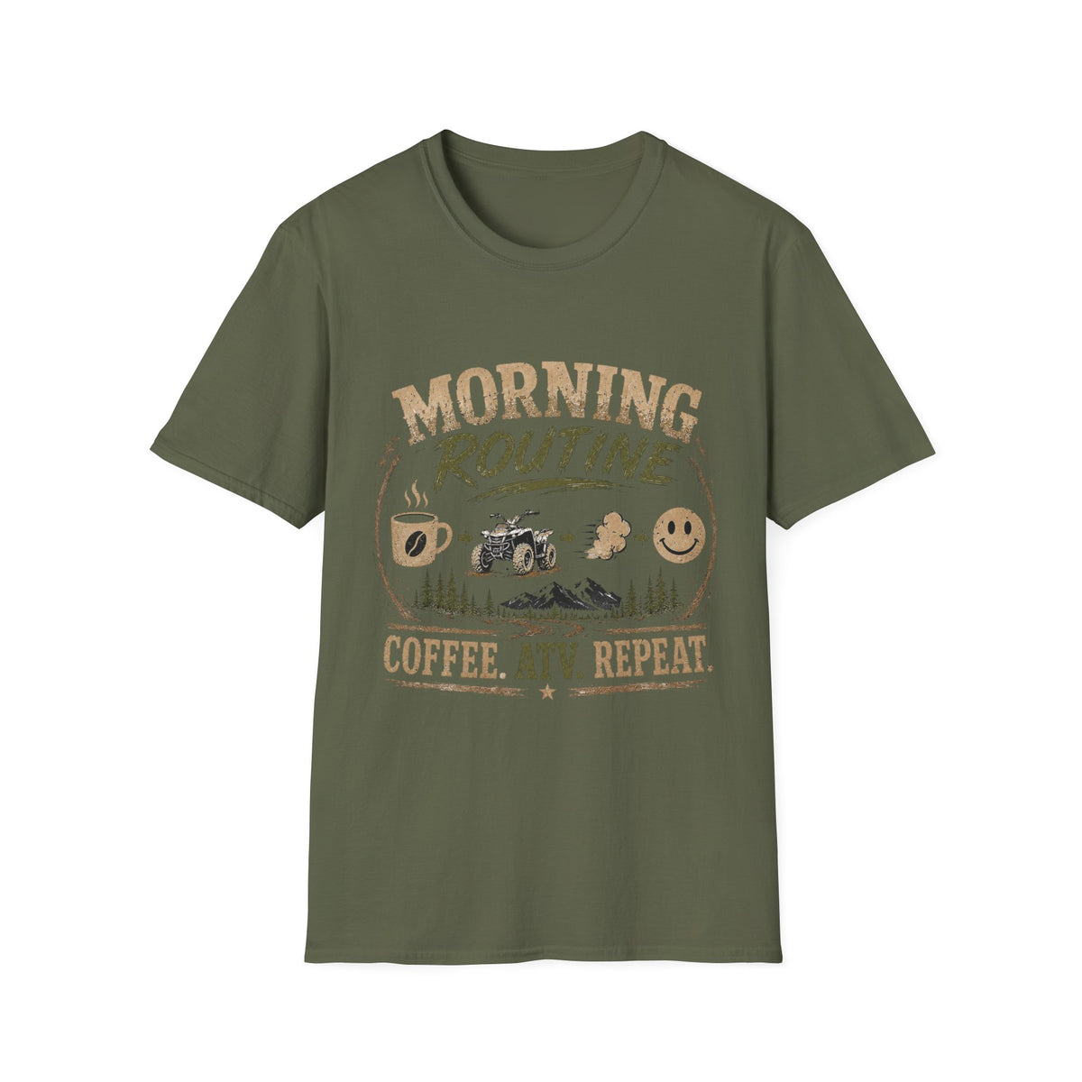 Morning Routine T-Shirt — “Coffee. ATV. Repeat.” Outdoor Adventure Graphic Tee