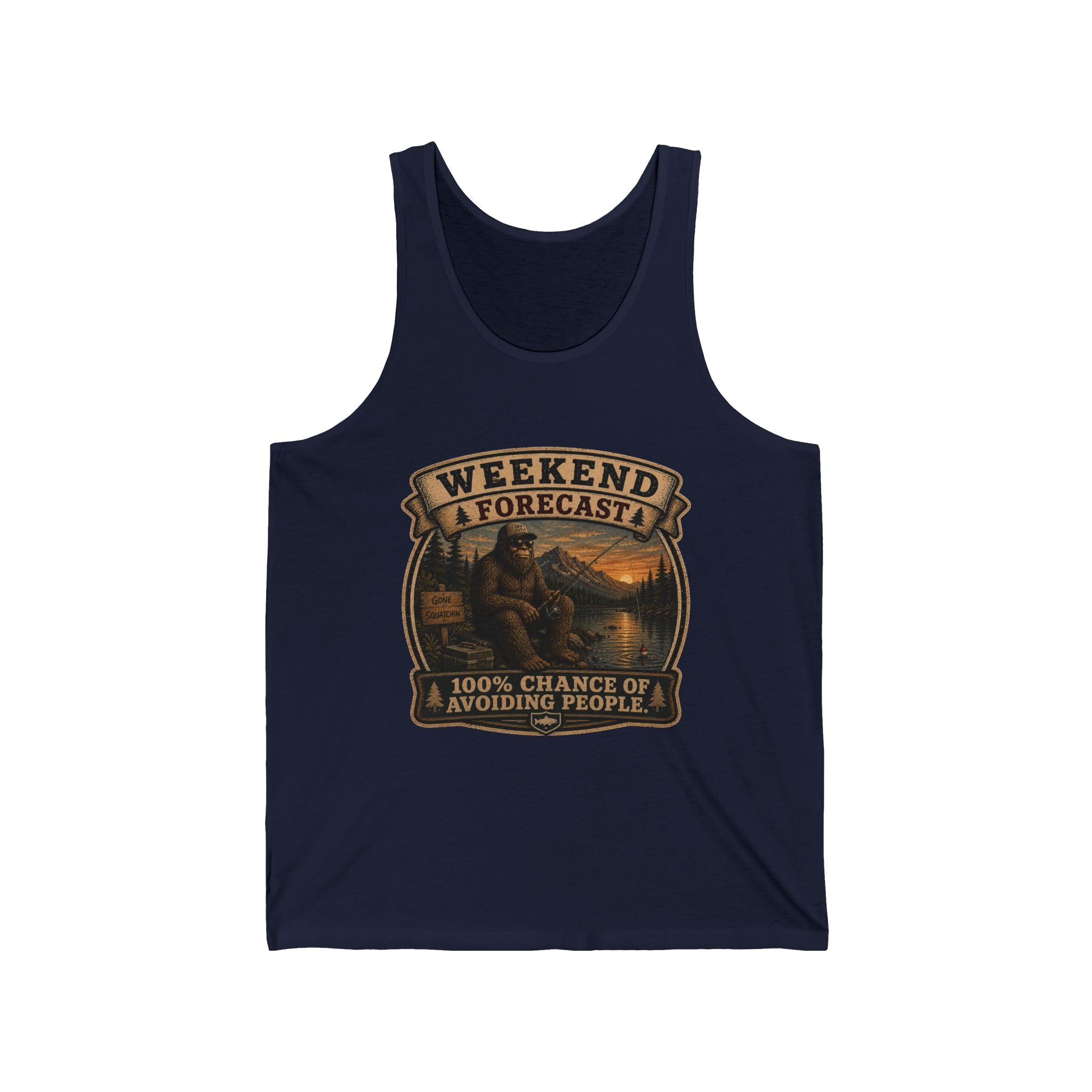 "Weekend Forecast: 100% Chance of Avoiding People" Retro Camping Graphic - Tank Top