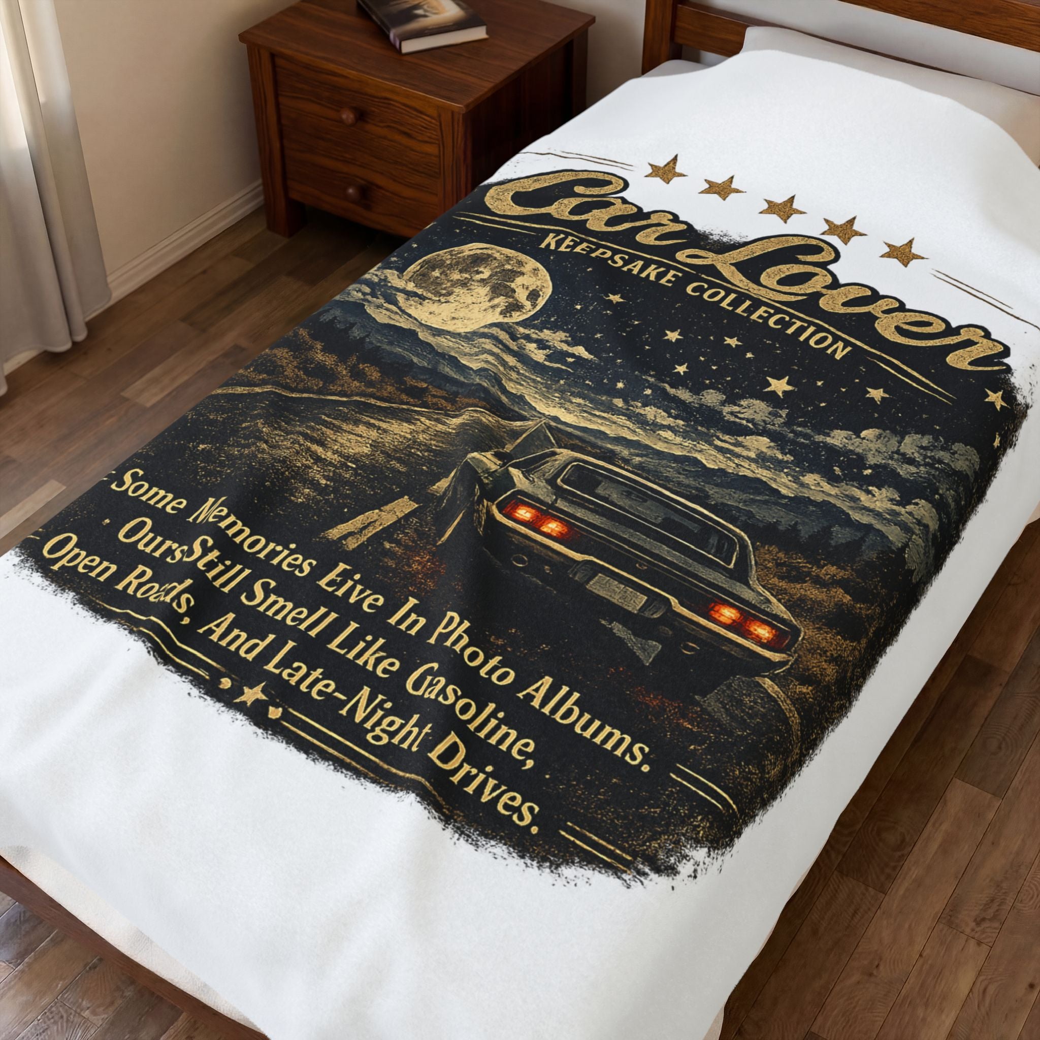 Retro Night Drive Keepsake with Full Moon & Classic Car Quote - Car Lover Velveteen Blanket