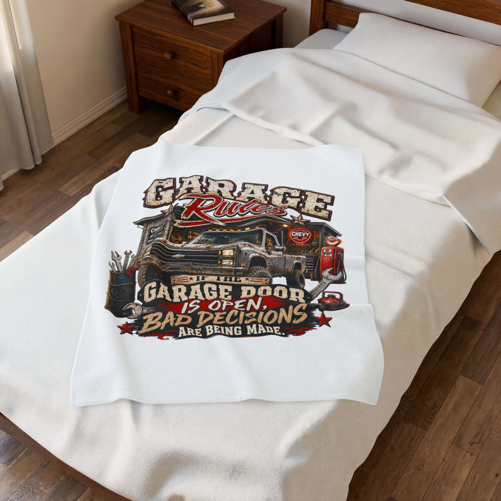 Garage Rules Velveteen Plush Blanket — "If the Garage Door Is Open, Bad Decisions Are Being Made" Cozy Mechanic Throw
