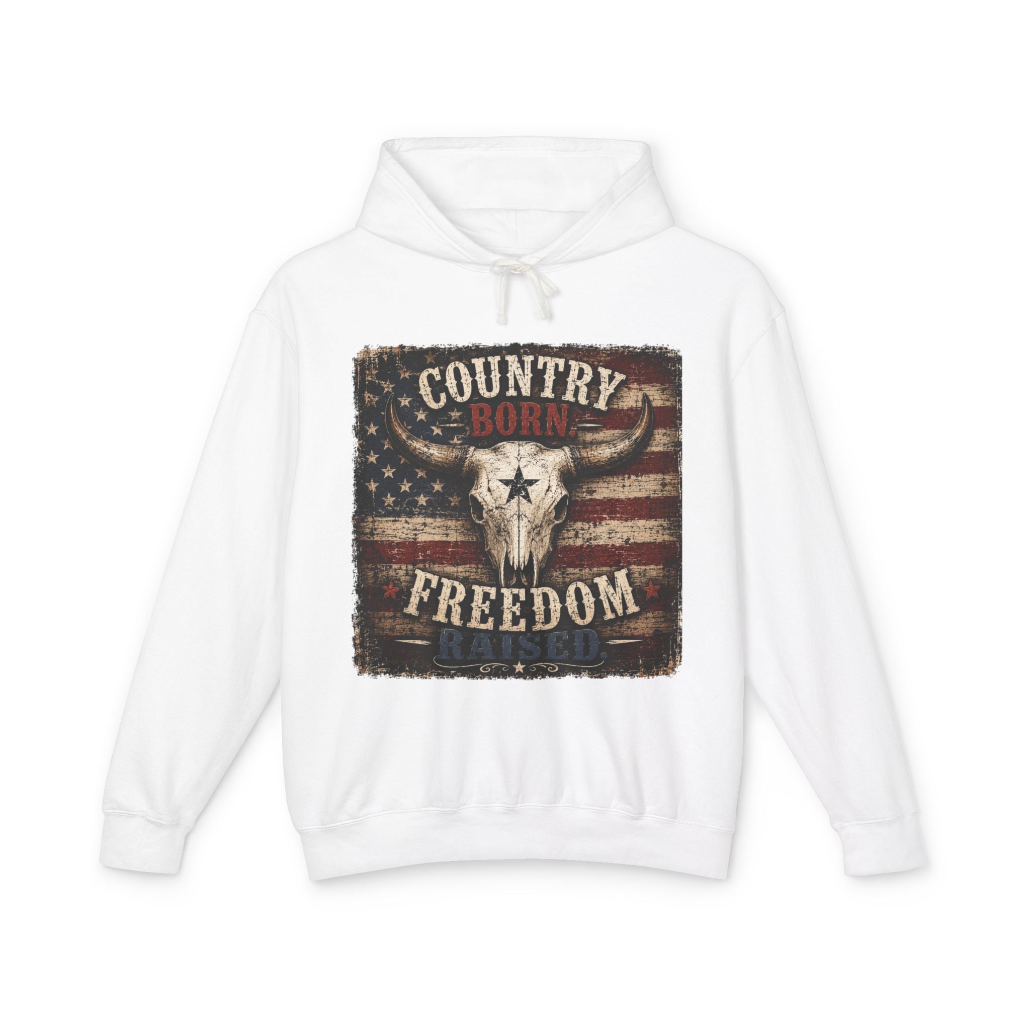 Country Born Raised Freedom Hoodie — American Flag Bull Skull Graphic Hooded Sweatshirt