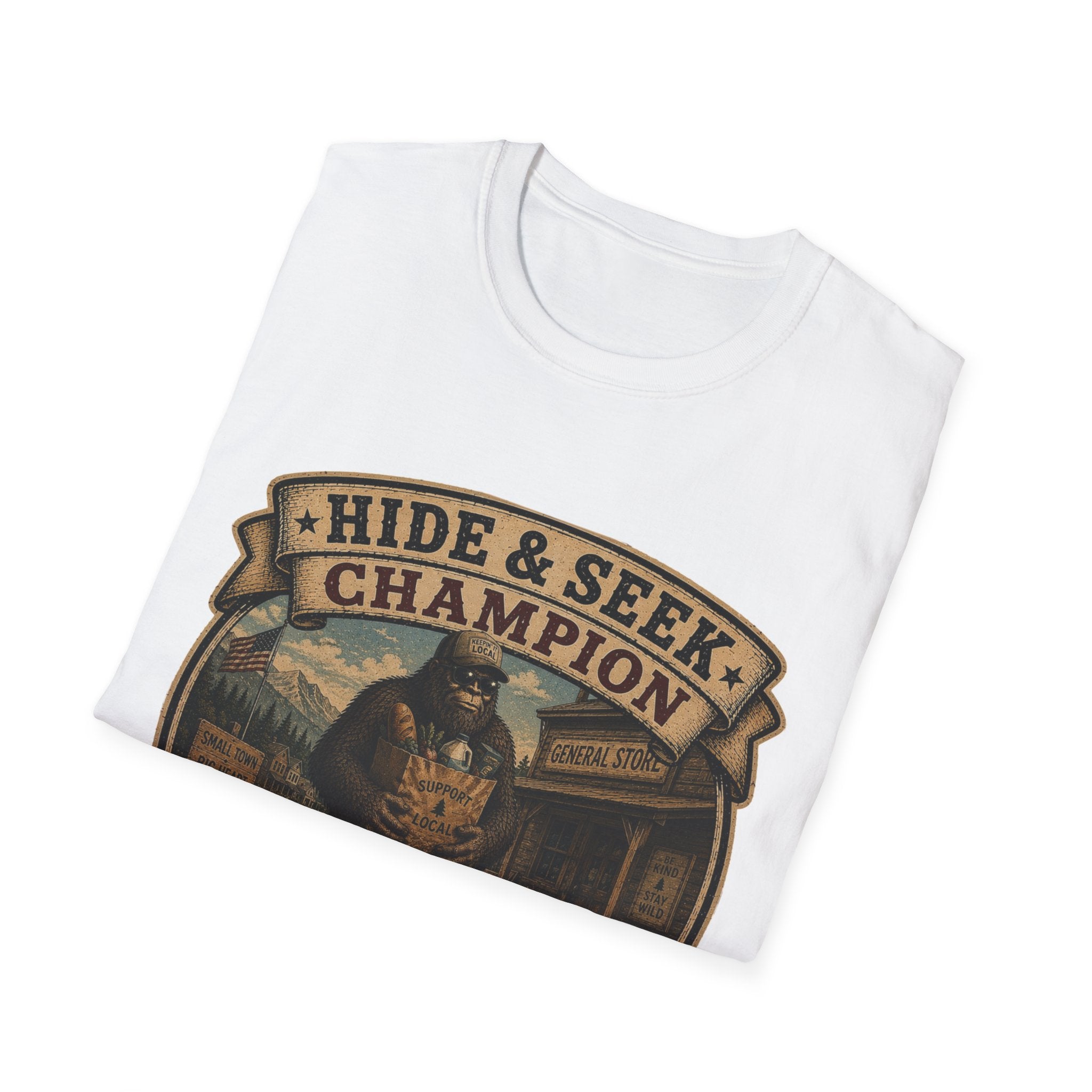 Hide & Seek Champion T-Shirt — Bigfoot Sasquatch Vintage Badge Design