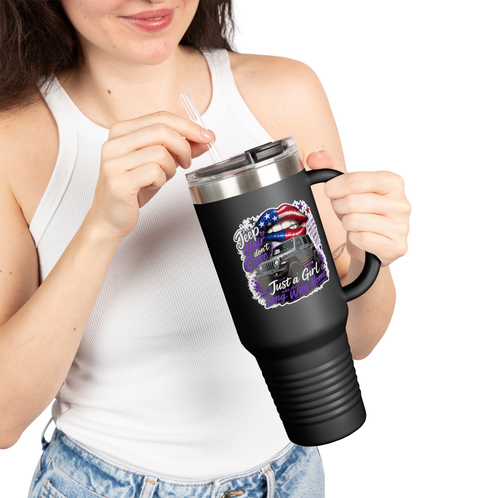 "Jeep Hair Don't Care" Patriotic Truck Design — 40oz Insulated Travel Mug