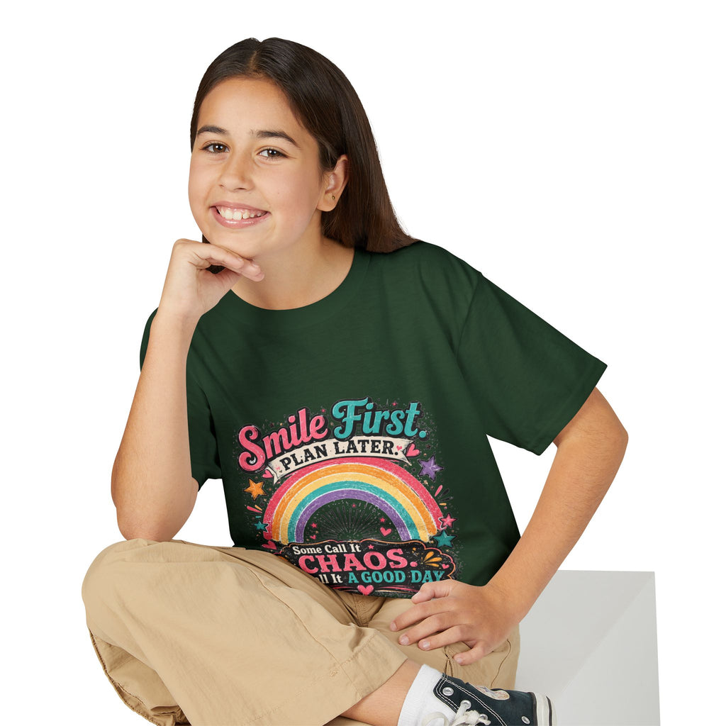 "Smile First, Plan Later" Rainbow Chaos Graphic Tee - Youth T-Shirt —