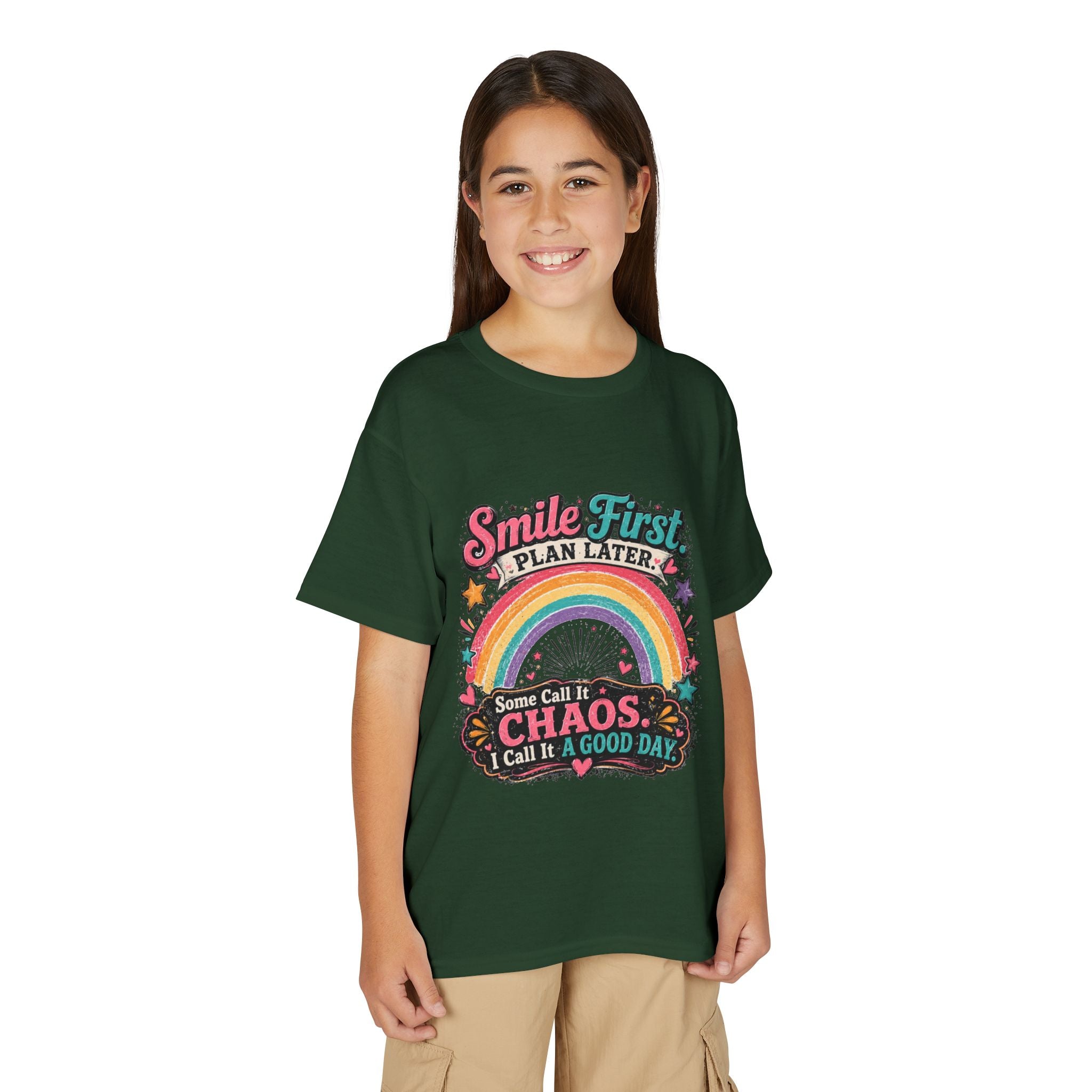 "Smile First, Plan Later" Rainbow Chaos Graphic Tee - Youth T-Shirt —