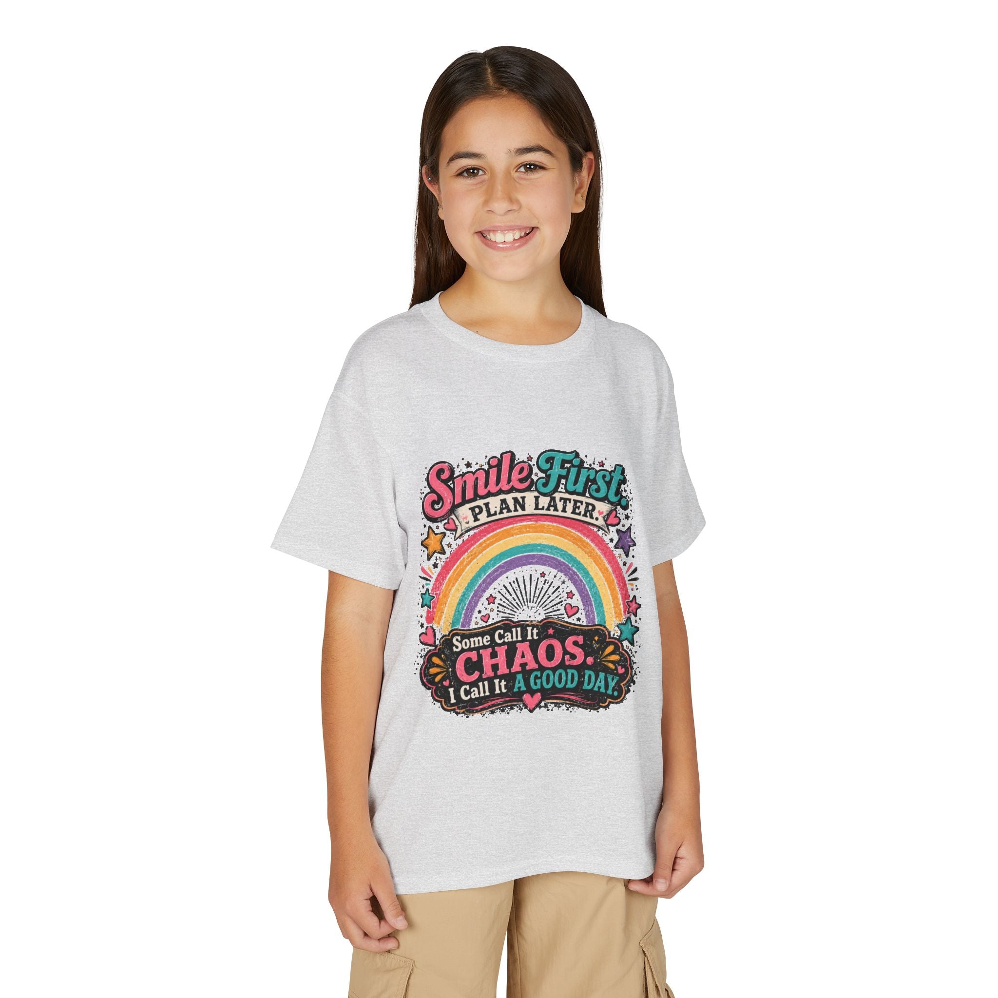 "Smile First, Plan Later" Rainbow Chaos Graphic Tee - Youth T-Shirt —