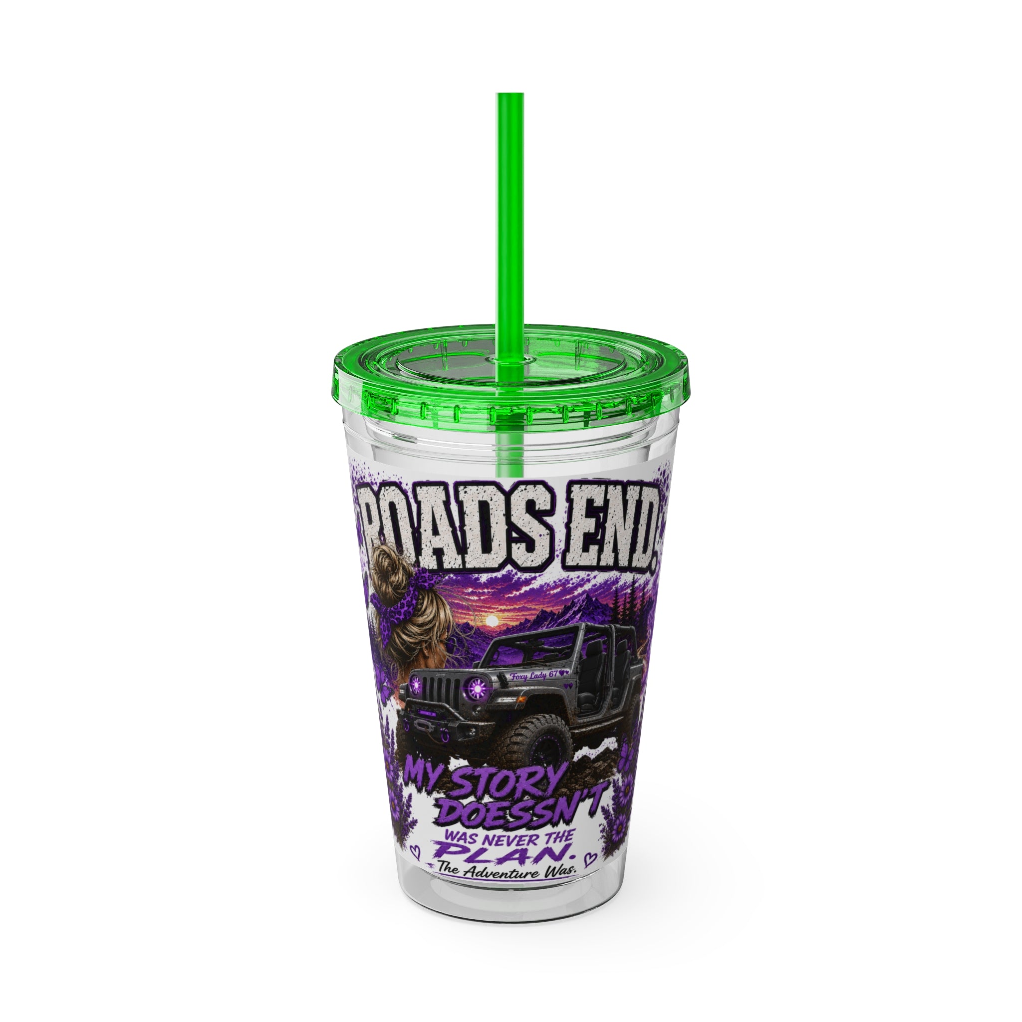 Roads End 16oz Tumbler with Straw — Purple Adventure Truck Design