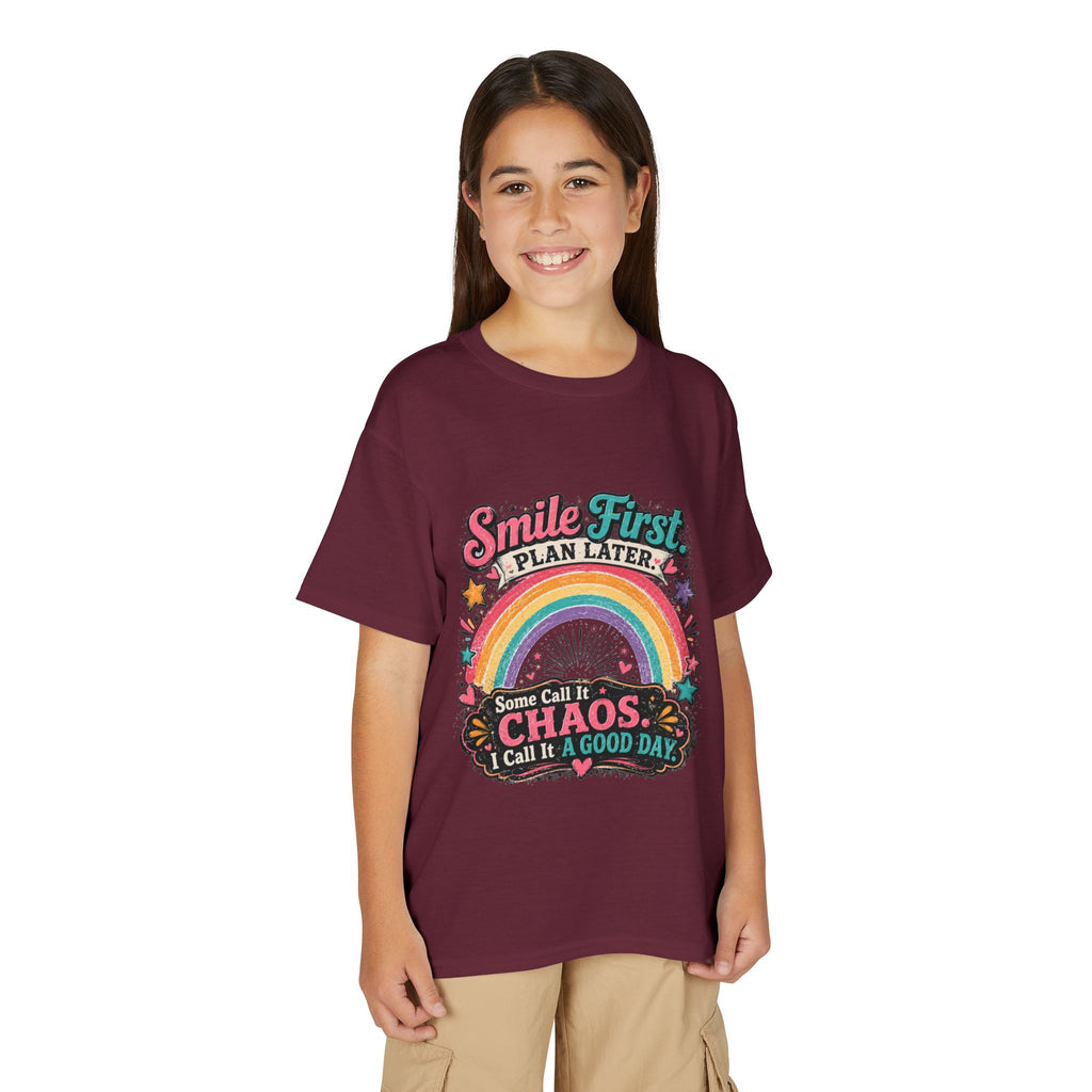 "Smile First, Plan Later" Rainbow Chaos Graphic Tee - Youth T-Shirt —