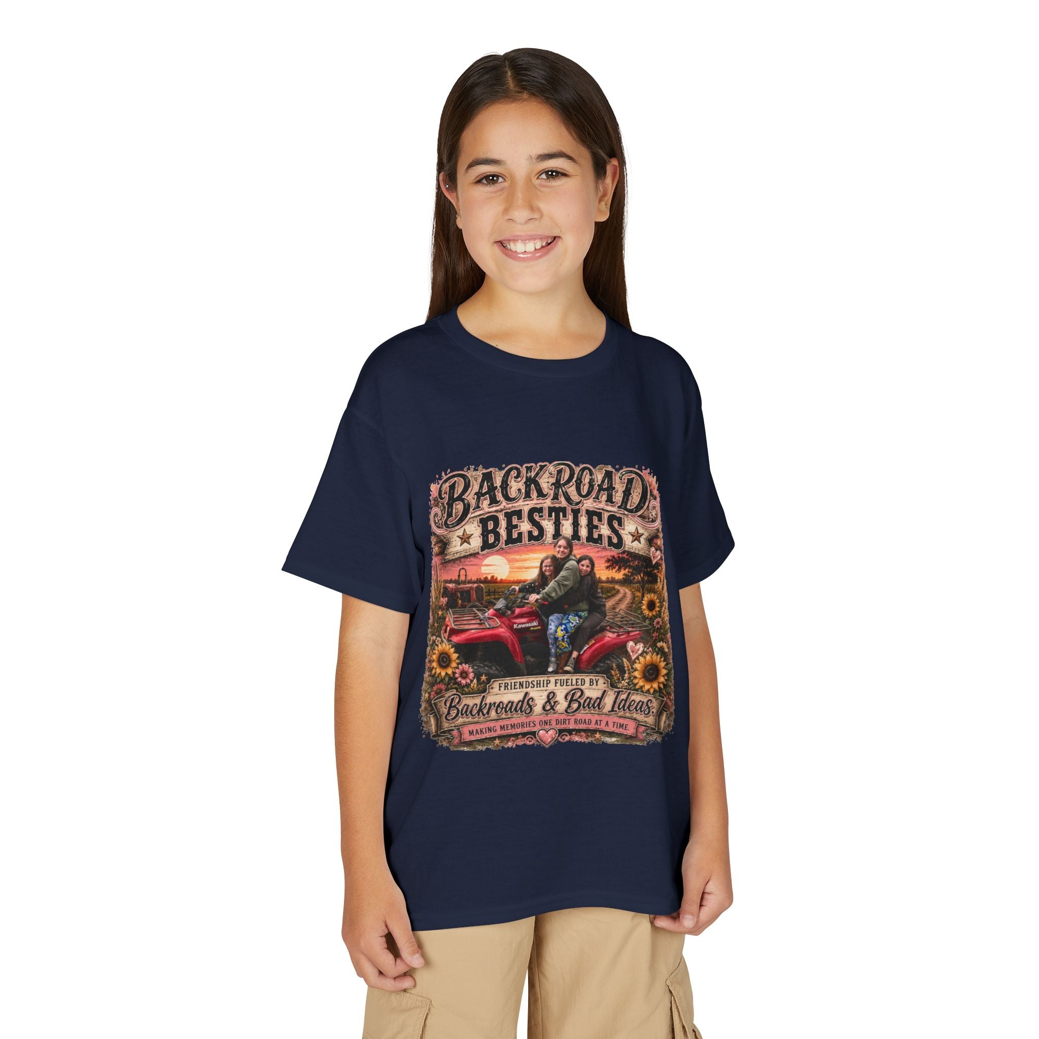 Backroad Besties Youth T‑Shirt — Vintage Tractor Sunset Kids Tee