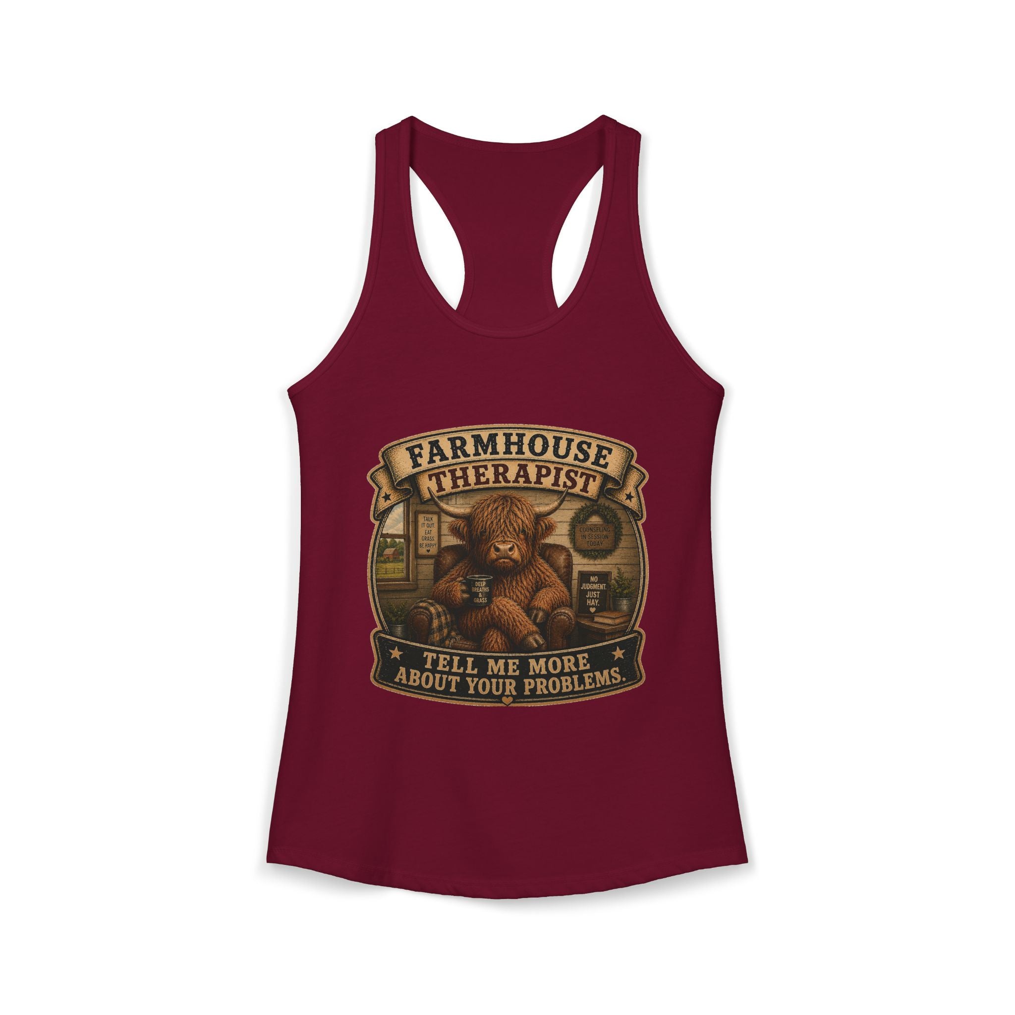 Farmhouse Therapist Highland Cow Women's Ideal Racerback Tank