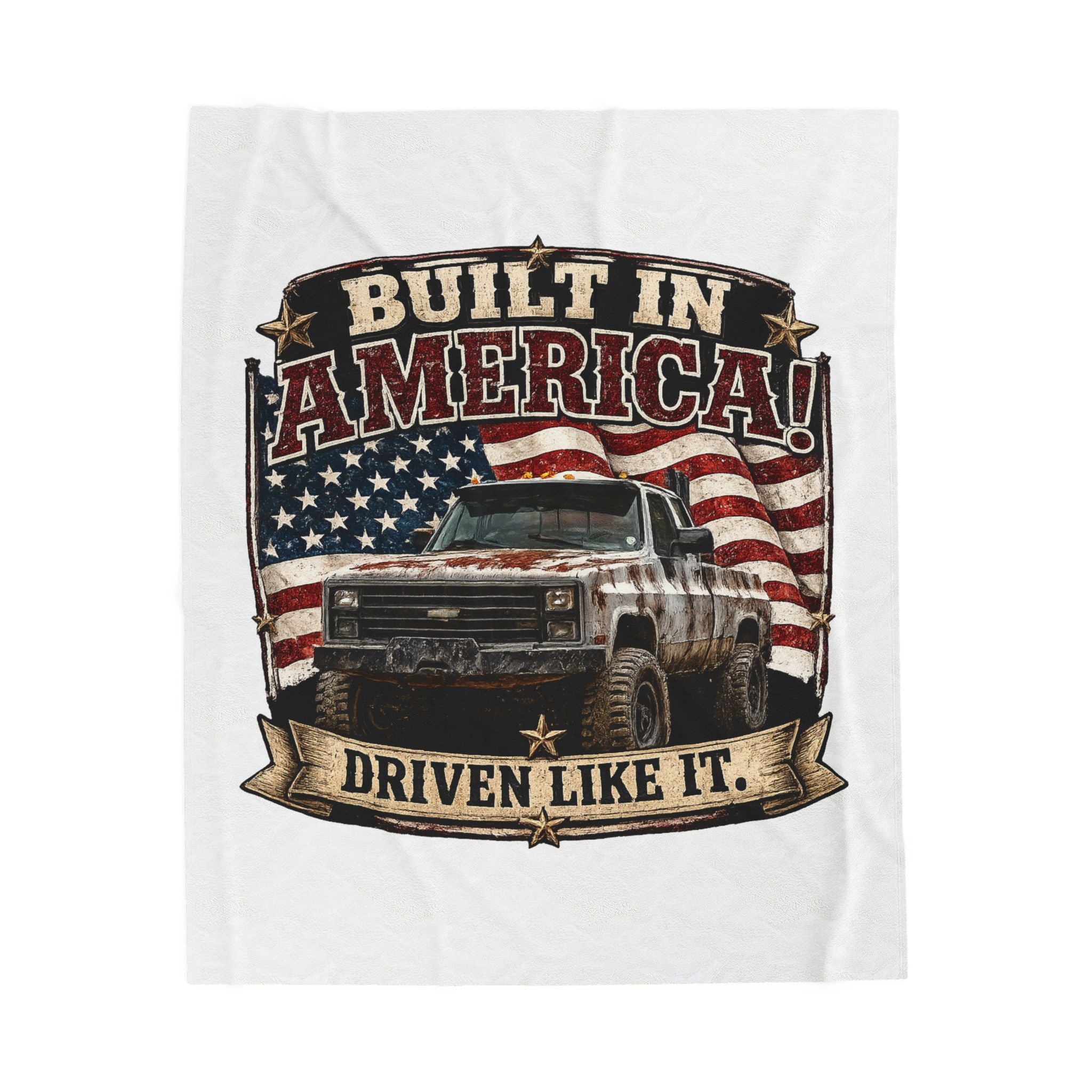 "Built in America! Driven Like It." Vintage Truck & American Flag Throw — Velveteen Plush Blanket