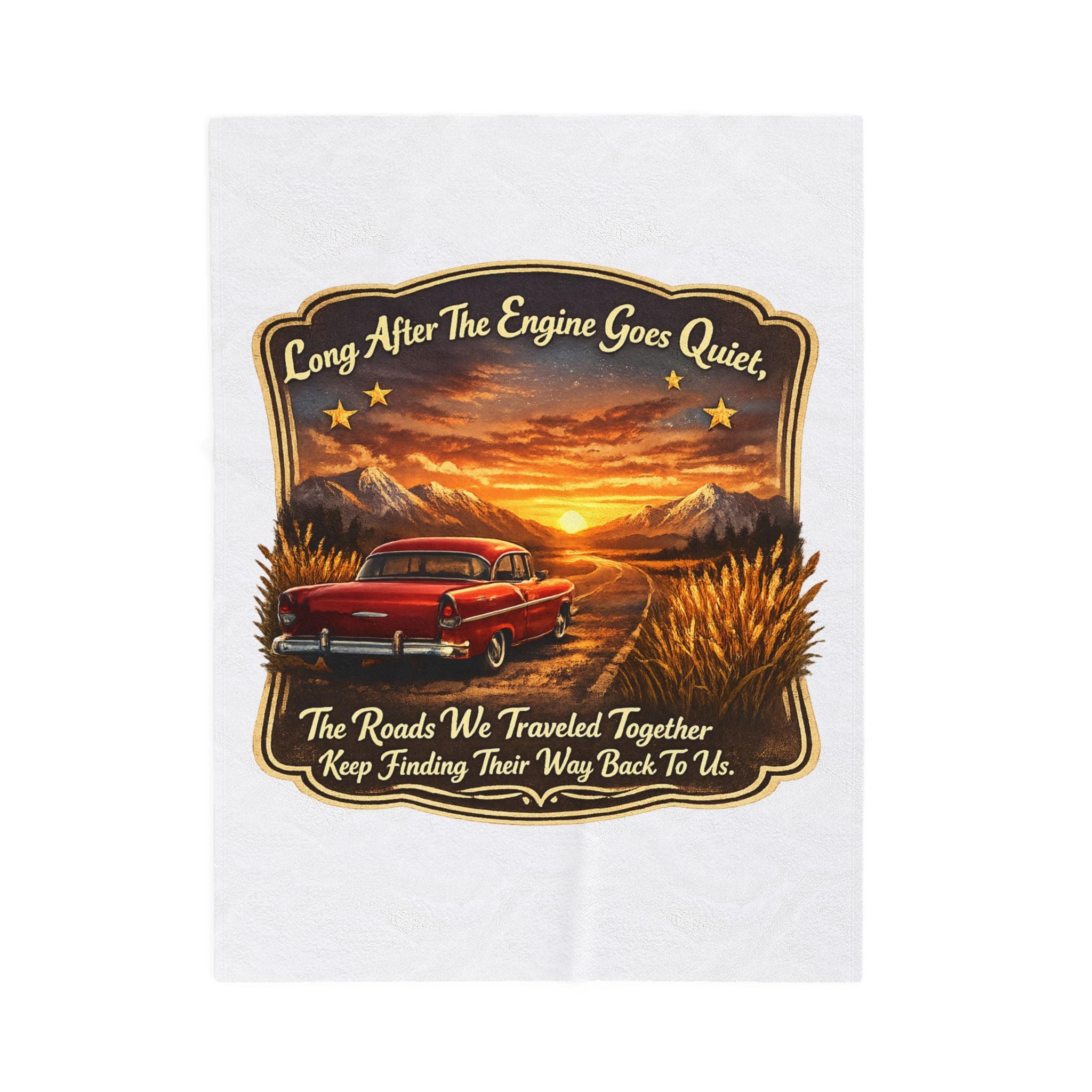 Vintage Car Sunset Throw with 'Long After The Engine Goes Quiet' Quote — Velveteen Plush Blanket