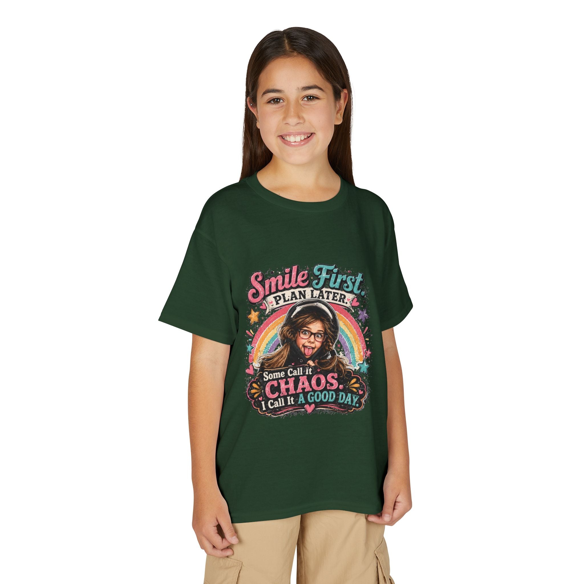 "Smile First, Plan Later" Funny Chaos Rainbow Kids Tee — Youth T-Shirt