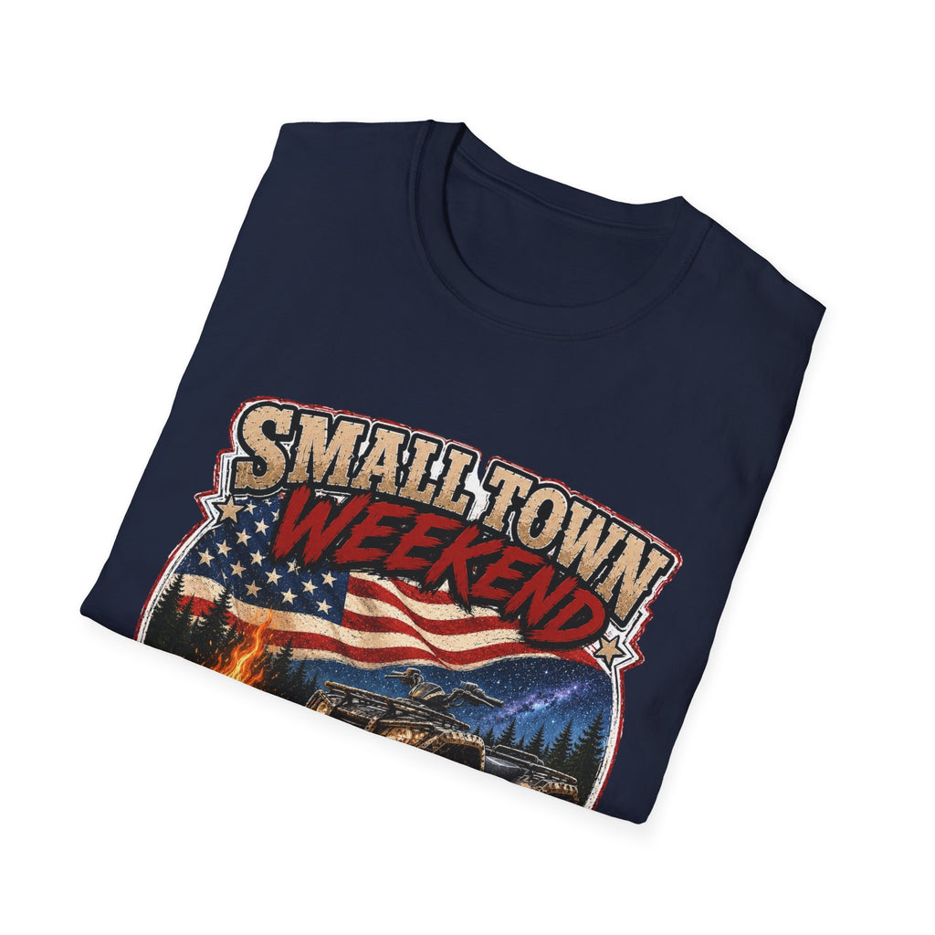 Small Town Weekend T-Shirt — Americana Flag, Bonfire & ATV Retro Graphic