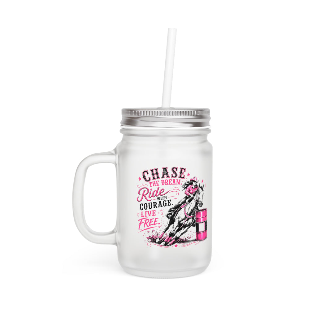 Mason Jar Tumbler — 'Chase the Dream, Ride with Courage' Racing Glass Jar with Handle & Straw (Pink Accent)