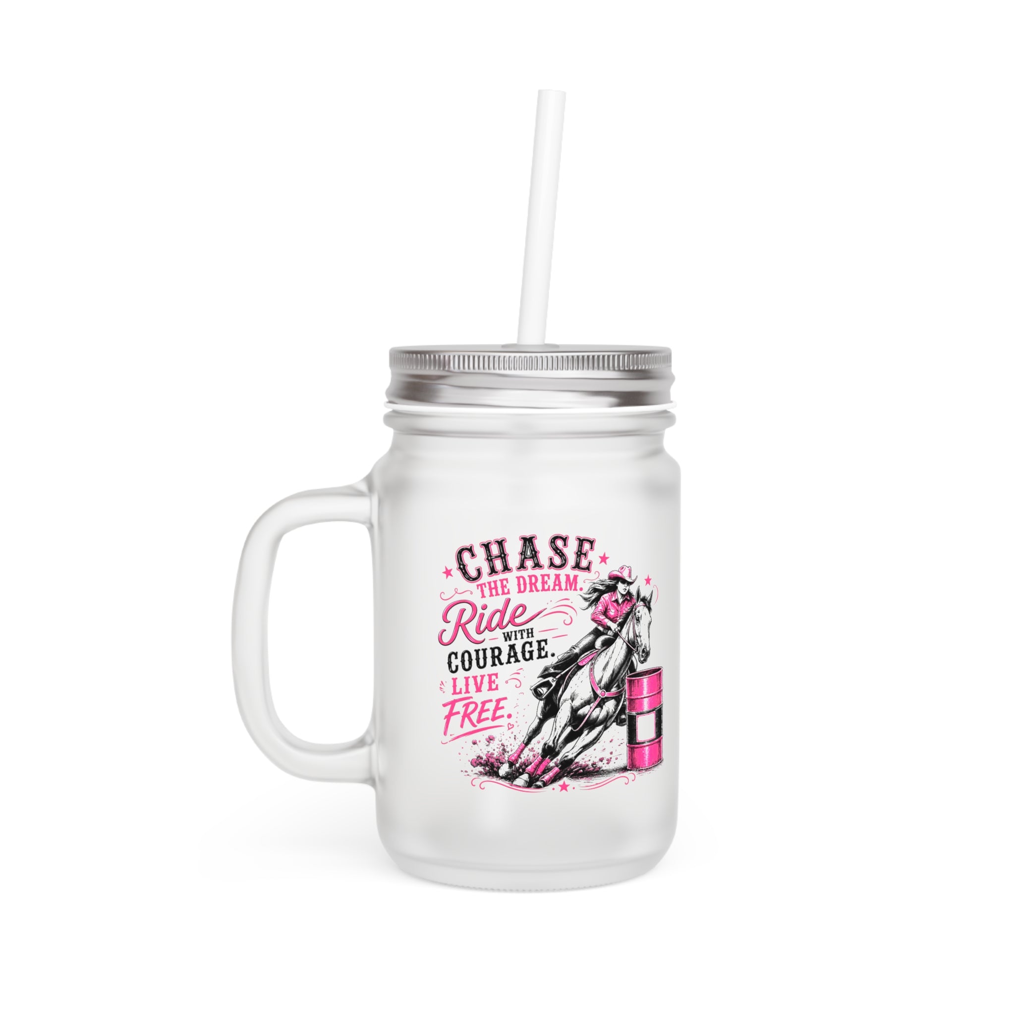 Mason Jar Tumbler — 'Chase the Dream, Ride with Courage' Racing Glass Jar with Handle & Straw (Pink Accent)