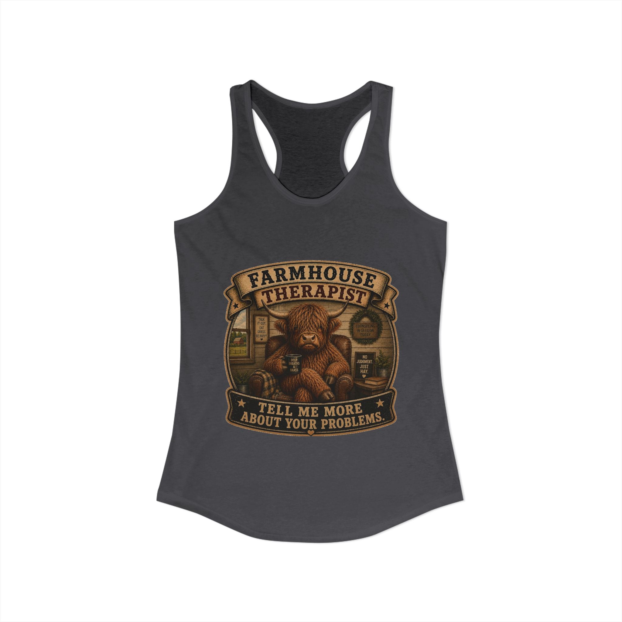 Farmhouse Therapist Highland Cow Women's Ideal Racerback Tank