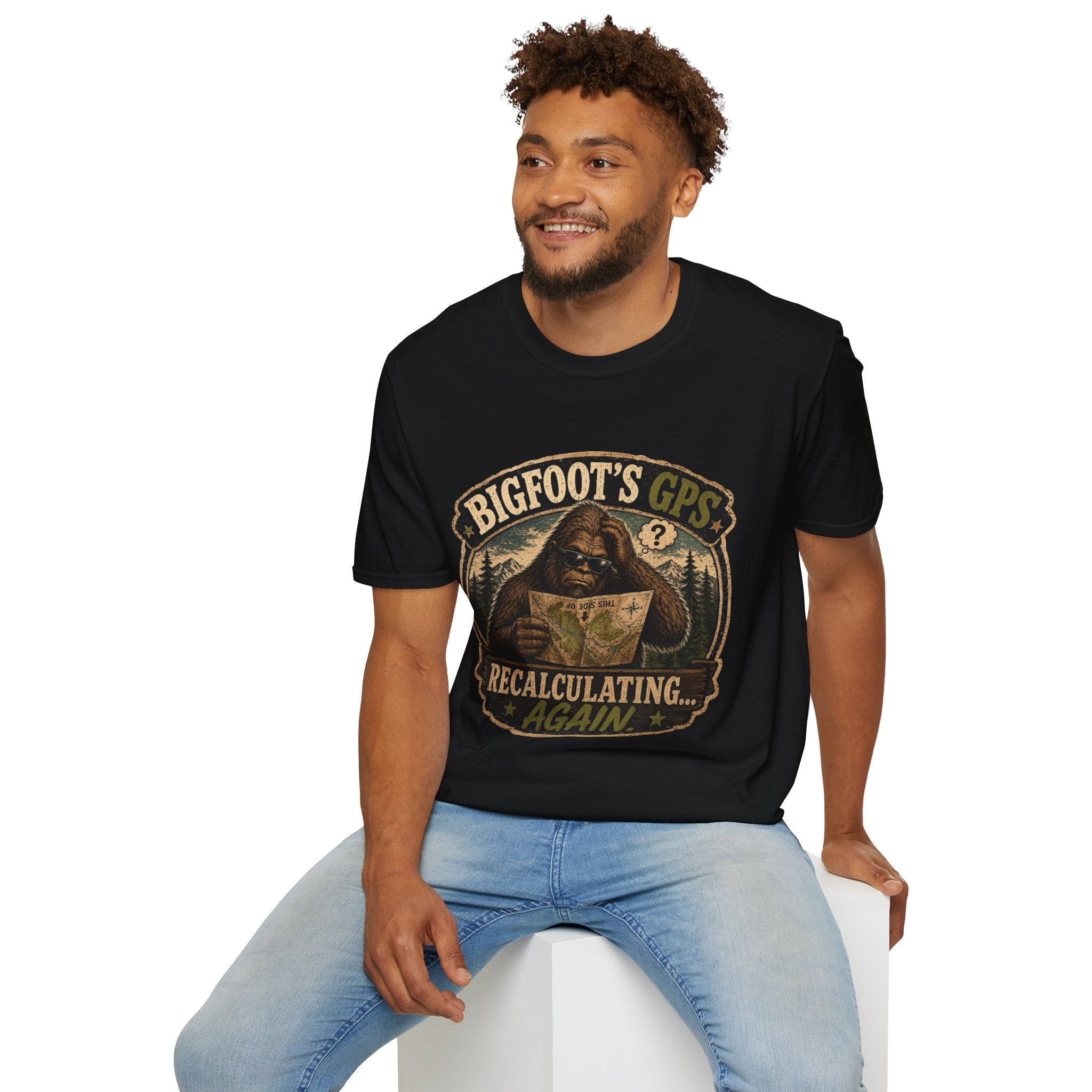 Bigfoot’s GPS T-Shirt — "Recalculating... Again" Retro Sasquatch Graphic Tee