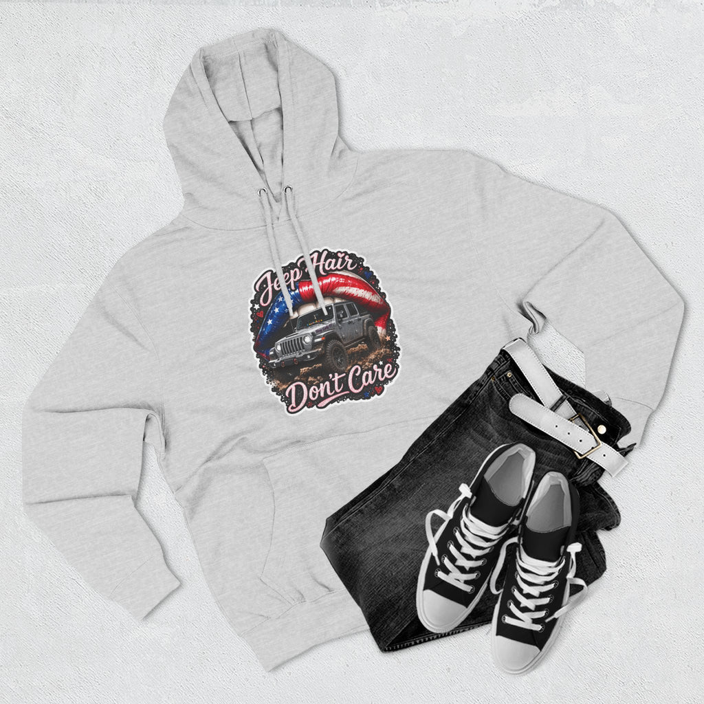 "Jeep Hair Don't Care" Graphic Fleece Pullover - Patriotic Jeep Hoodie