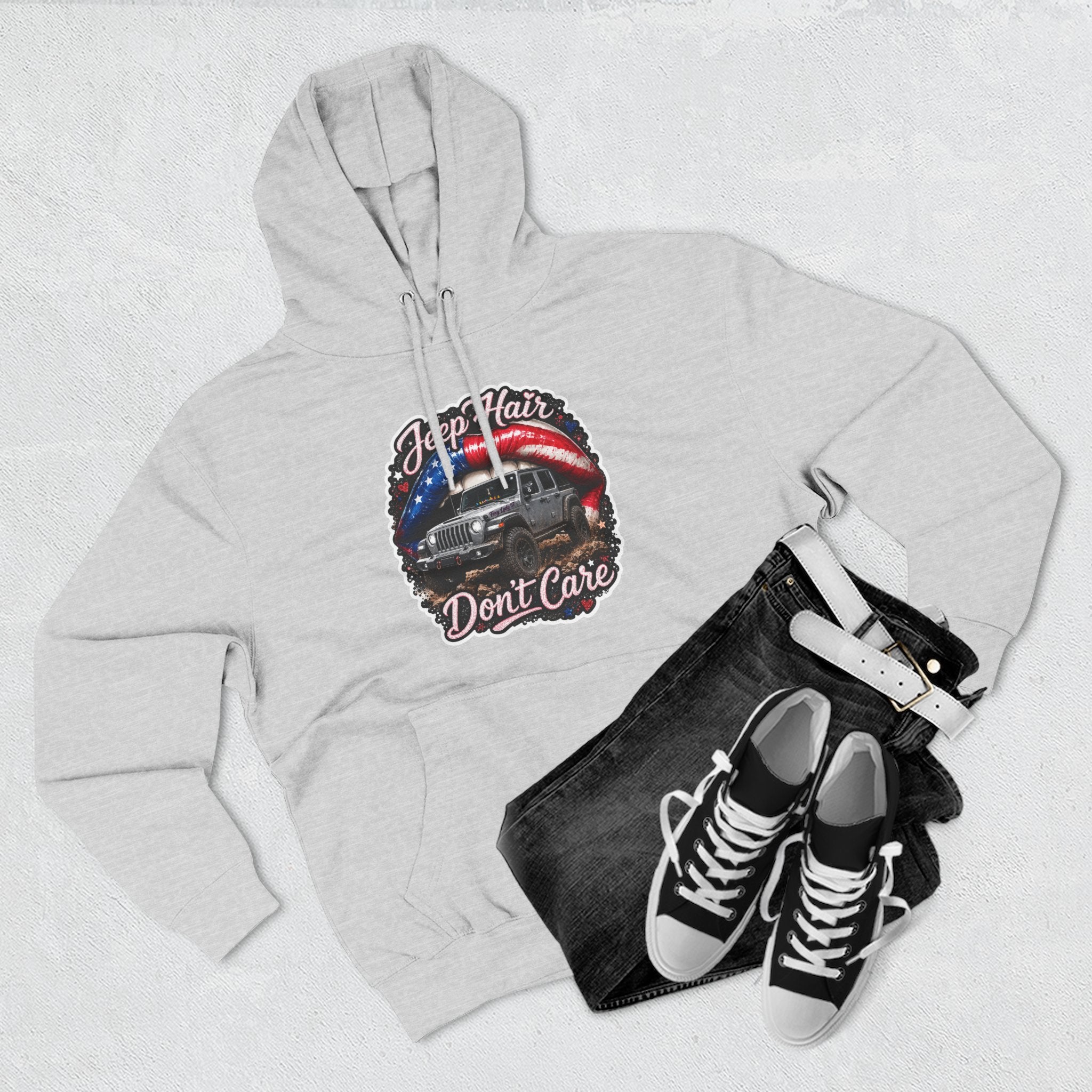 "Jeep Hair Don't Care" Graphic Fleece Pullover - Patriotic Jeep Hoodie