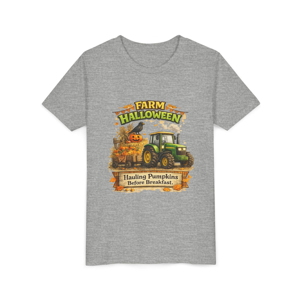"Hauling Pumpkins Before Breakfast" Tractor Graphic — Youth Farm Halloween Tee